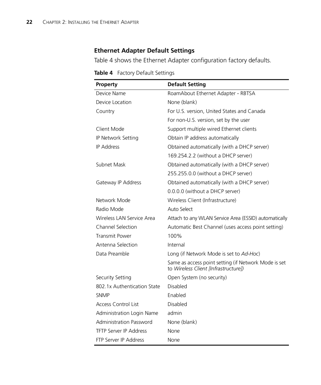 Enterasys Networks RBTSA-AA Ethernet Adapter Default Settings, Shows the Ethernet Adapter configuration factory defaults 