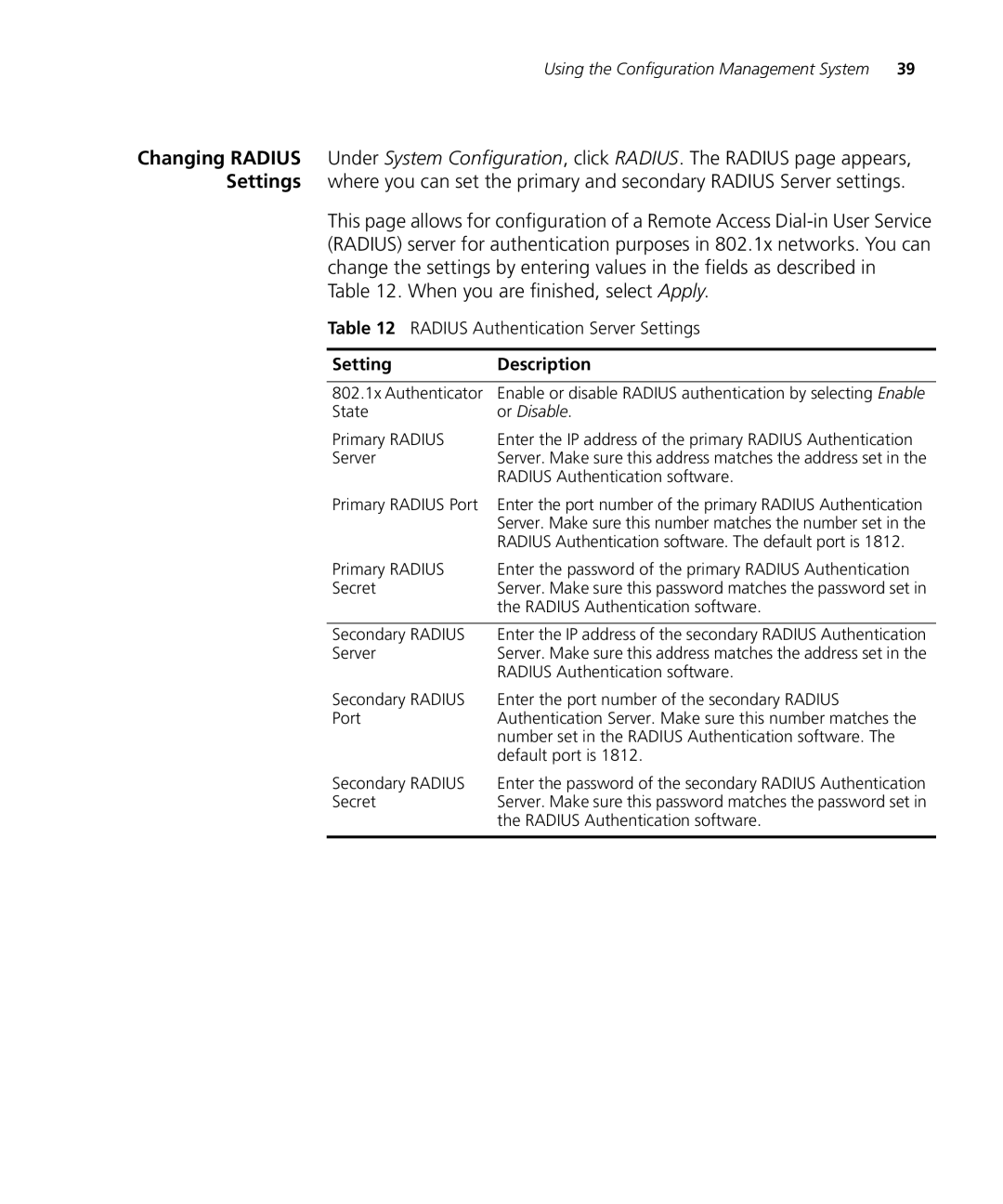 Enterasys Networks RBTSA-AB, RBTSA-AA manual Radius Authentication Server Settings 