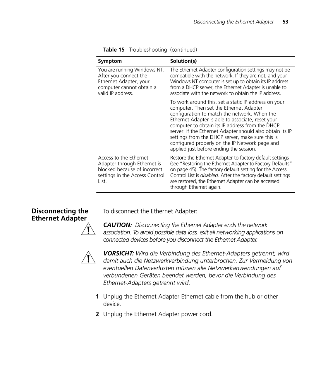 Enterasys Networks RBTSA-AB, RBTSA-AA manual Disconnecting the To disconnect the Ethernet Adapter, SymptomSolutions 