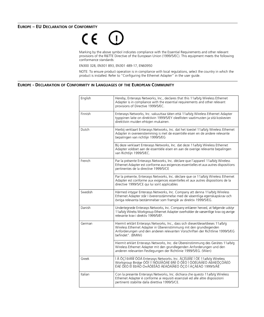 Enterasys Networks RBTSA-AA, RBTSA-AB manual Europe EU Declaration of Conformity 