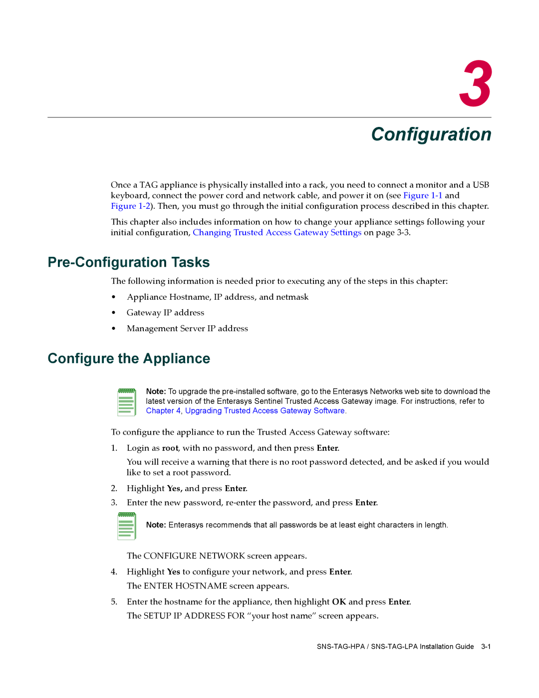 Enterasys Networks SNS-TAG-LPA, SNS-TAG-HPA manual Pre-Configuration Tasks, Configure the Appliance 