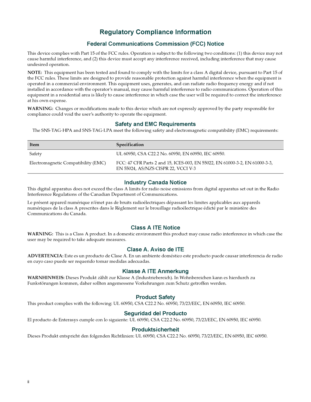 Enterasys Networks SNS-TAG-HPA, SNS-TAG-LPA manual Regulatory Compliance Information 