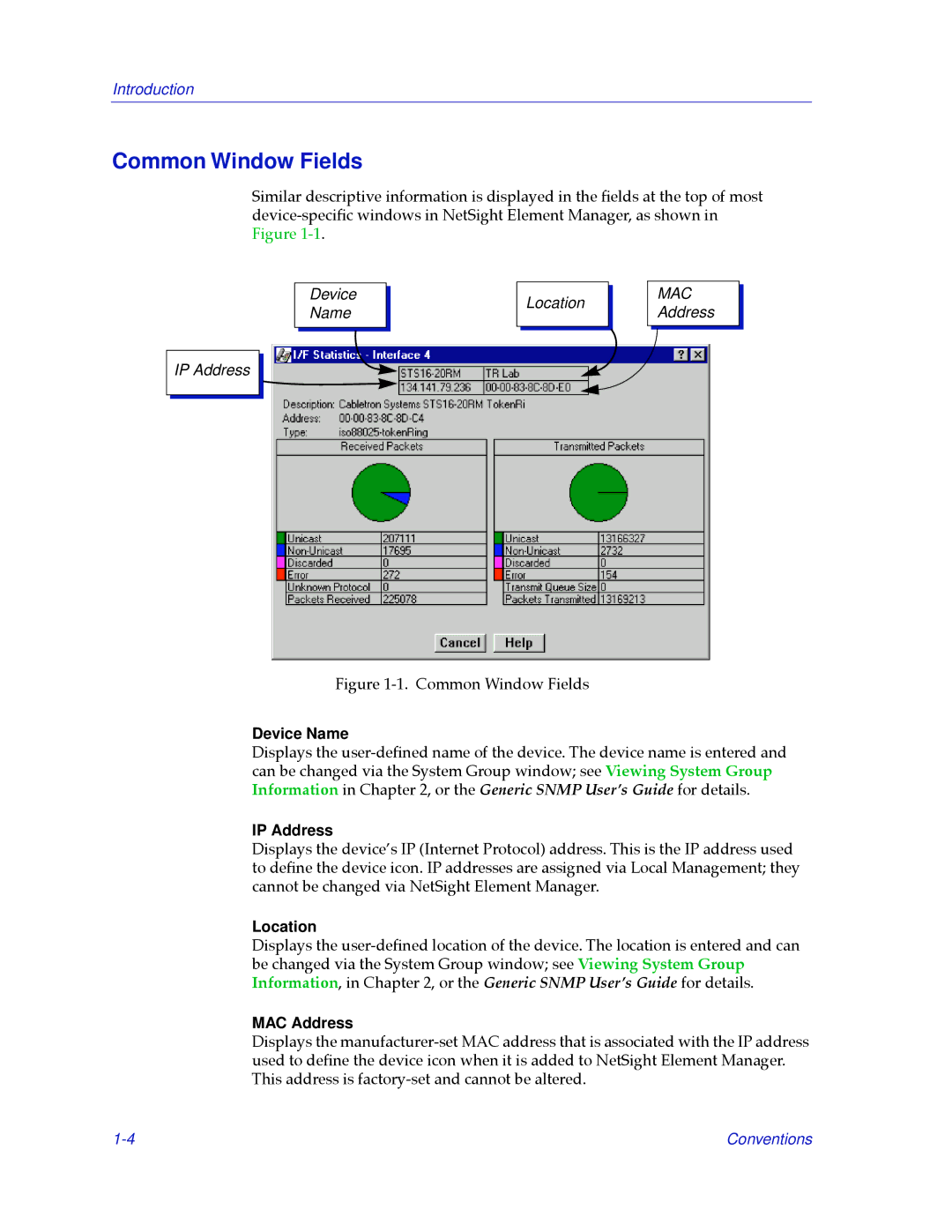 Enterasys Networks STS16-20 manual Common Window Fields, Device Name, IP Address, Location, MAC Address 