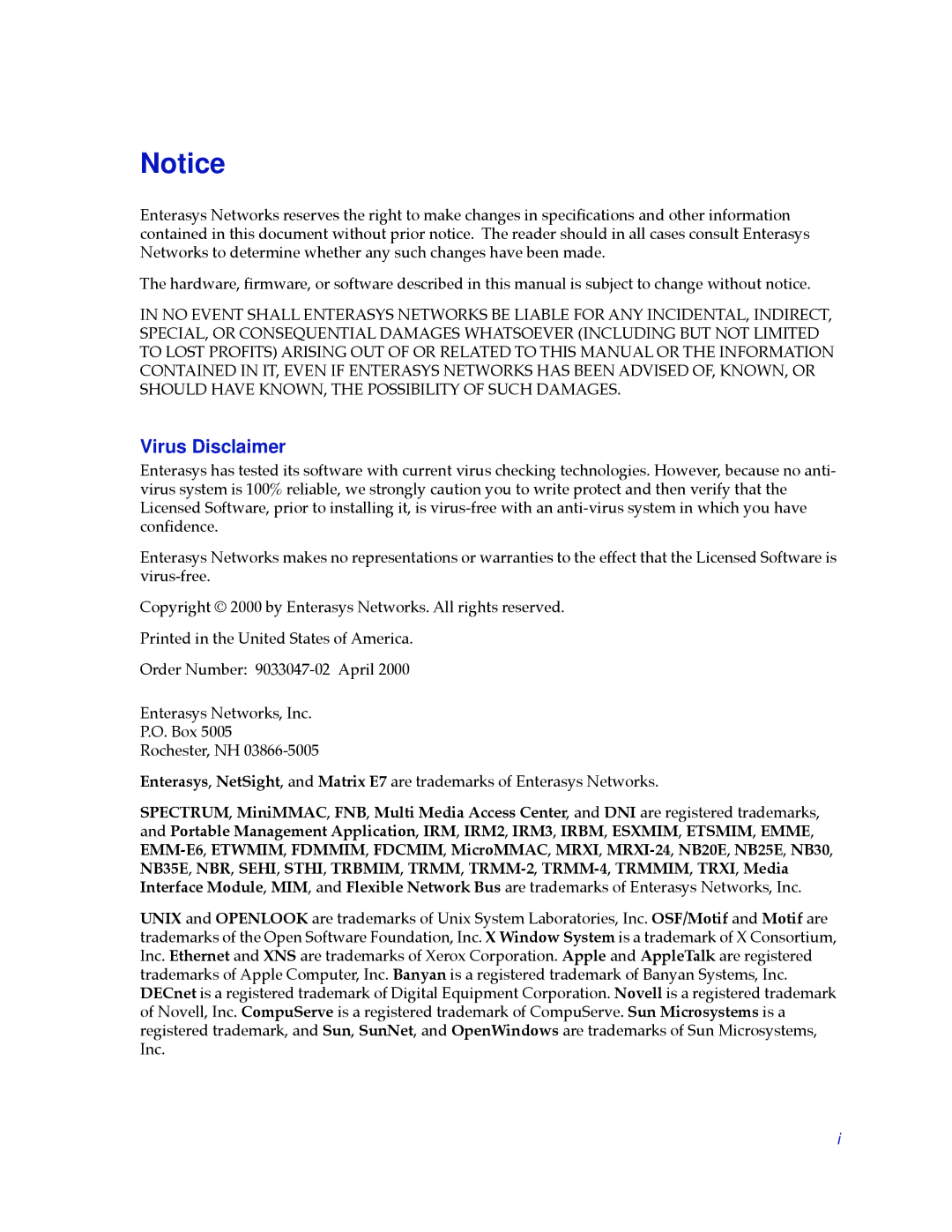 Enterasys Networks STS16-20 manual Virus Disclaimer 