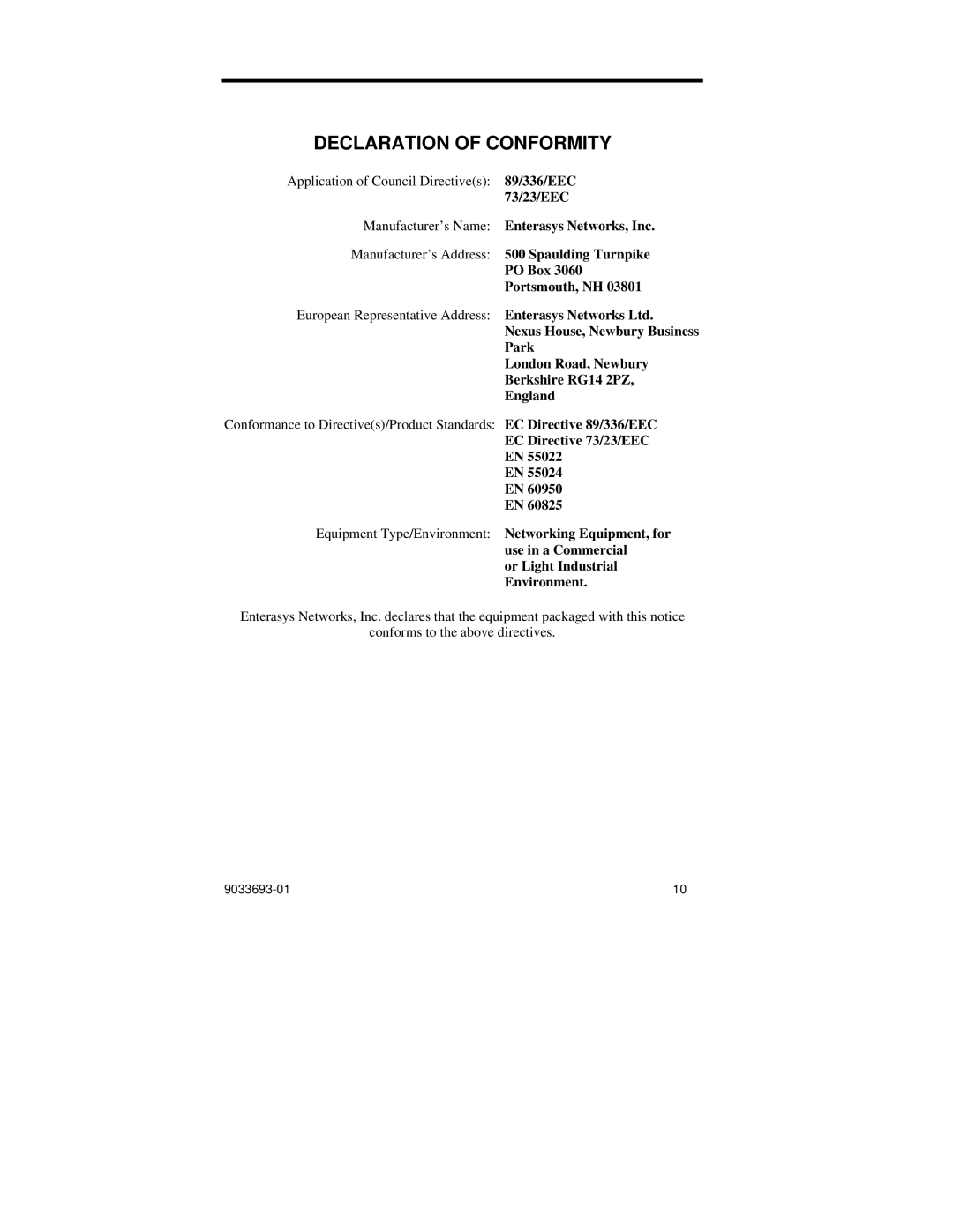 Enterasys Networks VH-2402-L3 manual Declaration of Conformity 