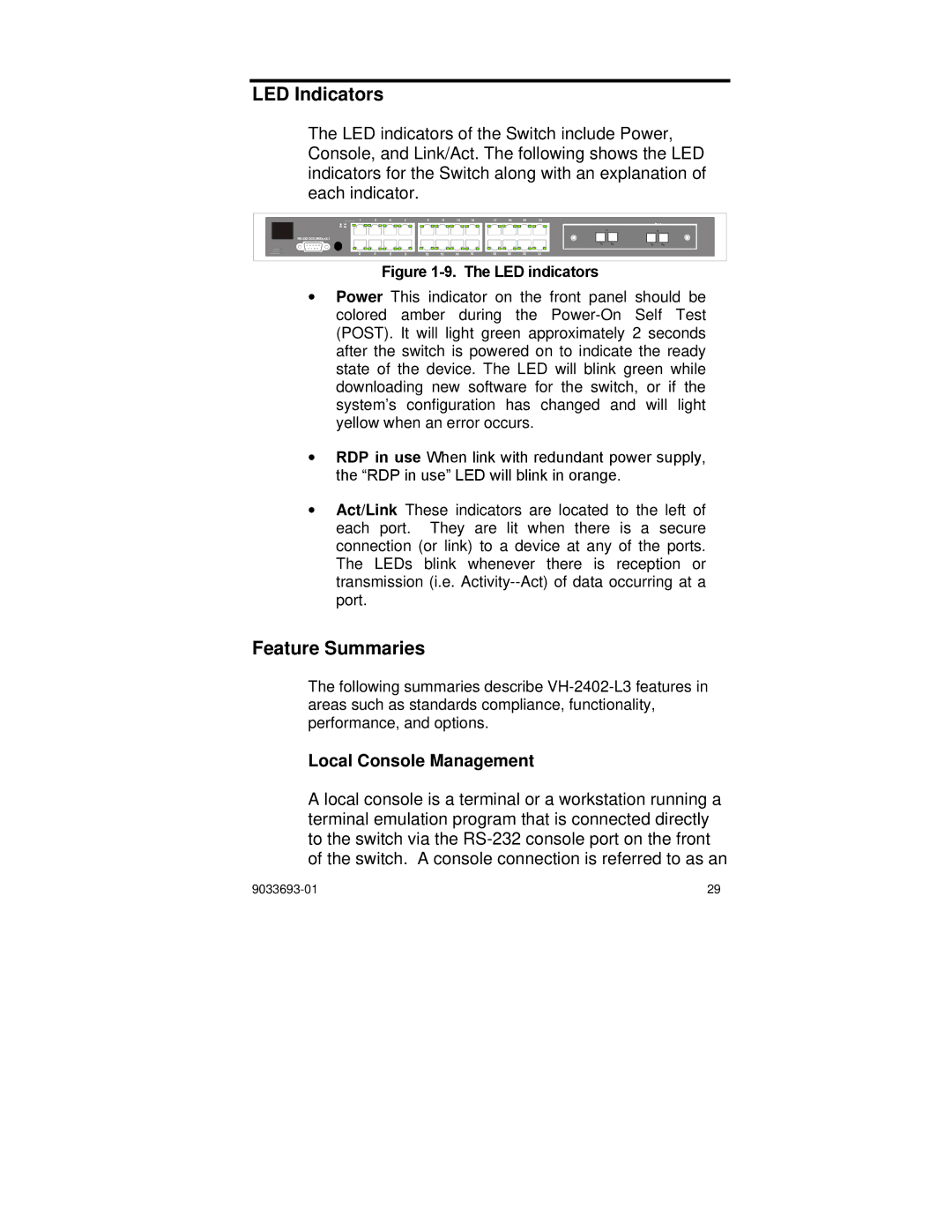 Enterasys Networks VH-2402-L3 manual LED Indicators, Feature Summaries, Local Console Management 