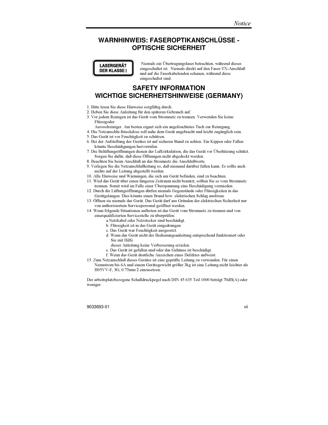 Enterasys Networks VH-2402-L3 manual Warnhinweis Faseroptikanschlüsse Optische Sicherheit 