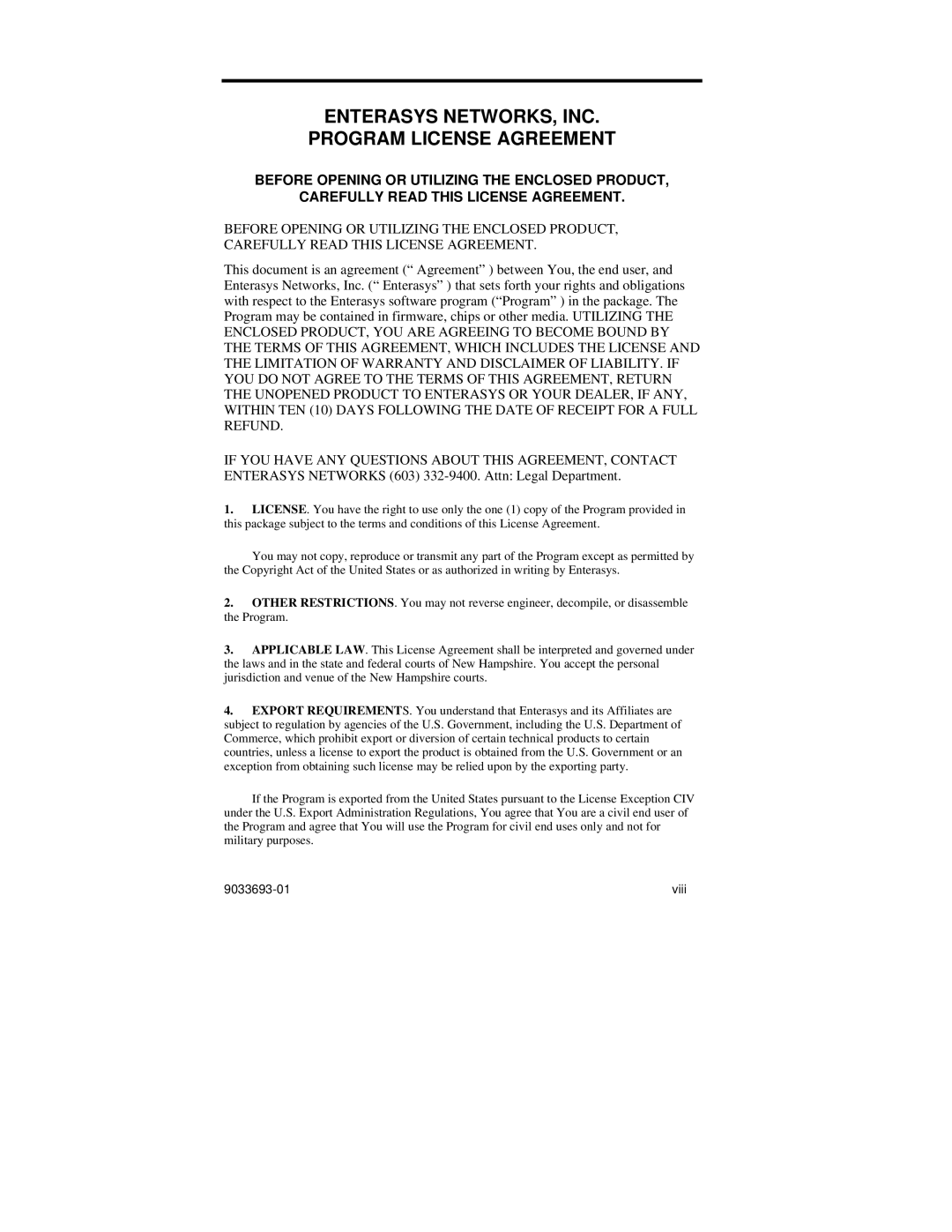 Enterasys Networks VH-2402-L3 manual Enterasys NETWORKS, INC Program License Agreement 