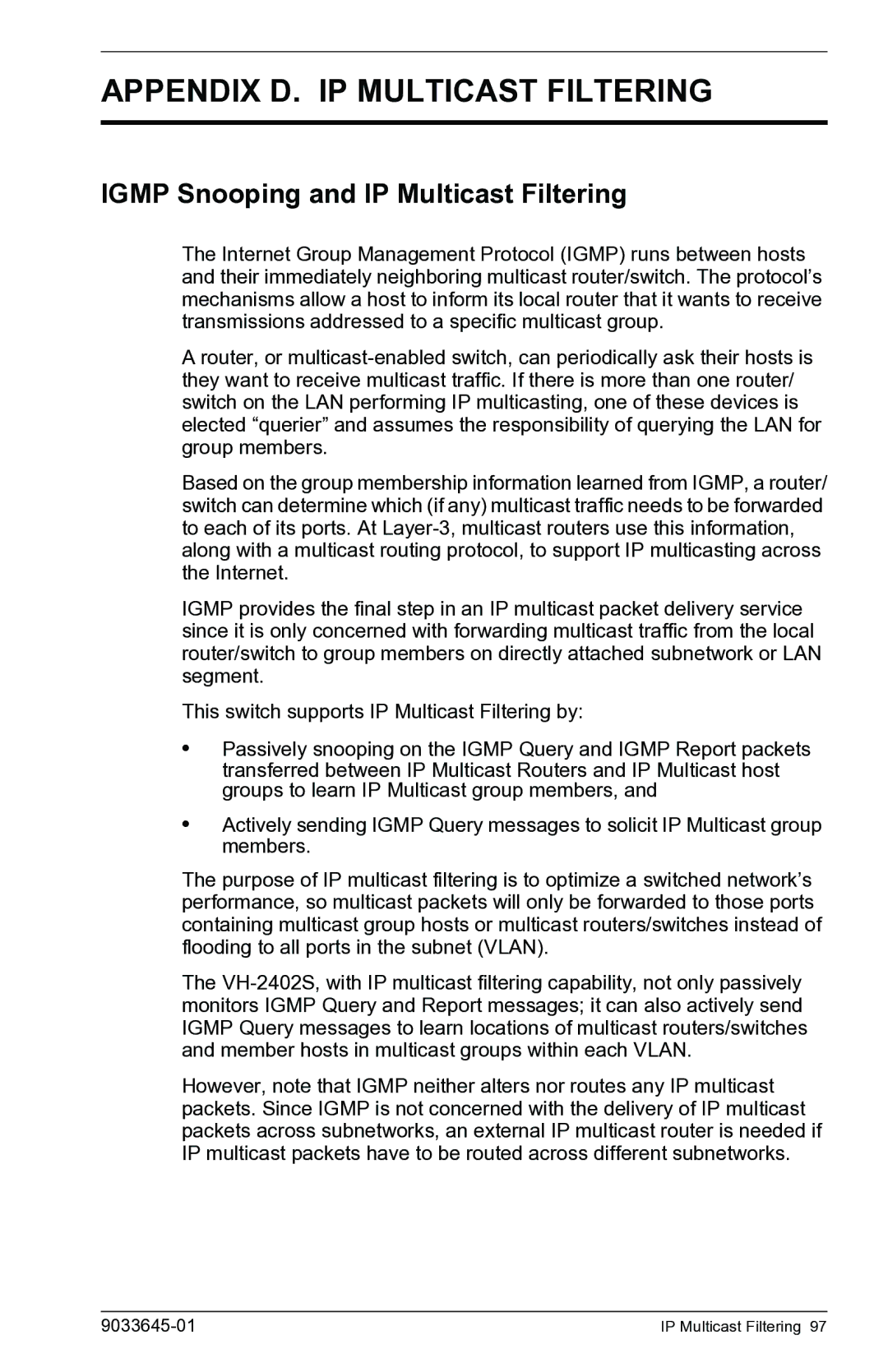 Enterasys Networks VH-2402S manual Appendix D. IP Multicast Filtering, Igmp Snooping and IP Multicast Filtering 