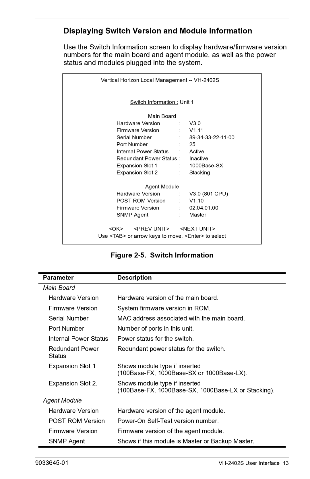 Enterasys Networks VH-2402S manual Displaying Switch Version and Module Information, Switch Information 