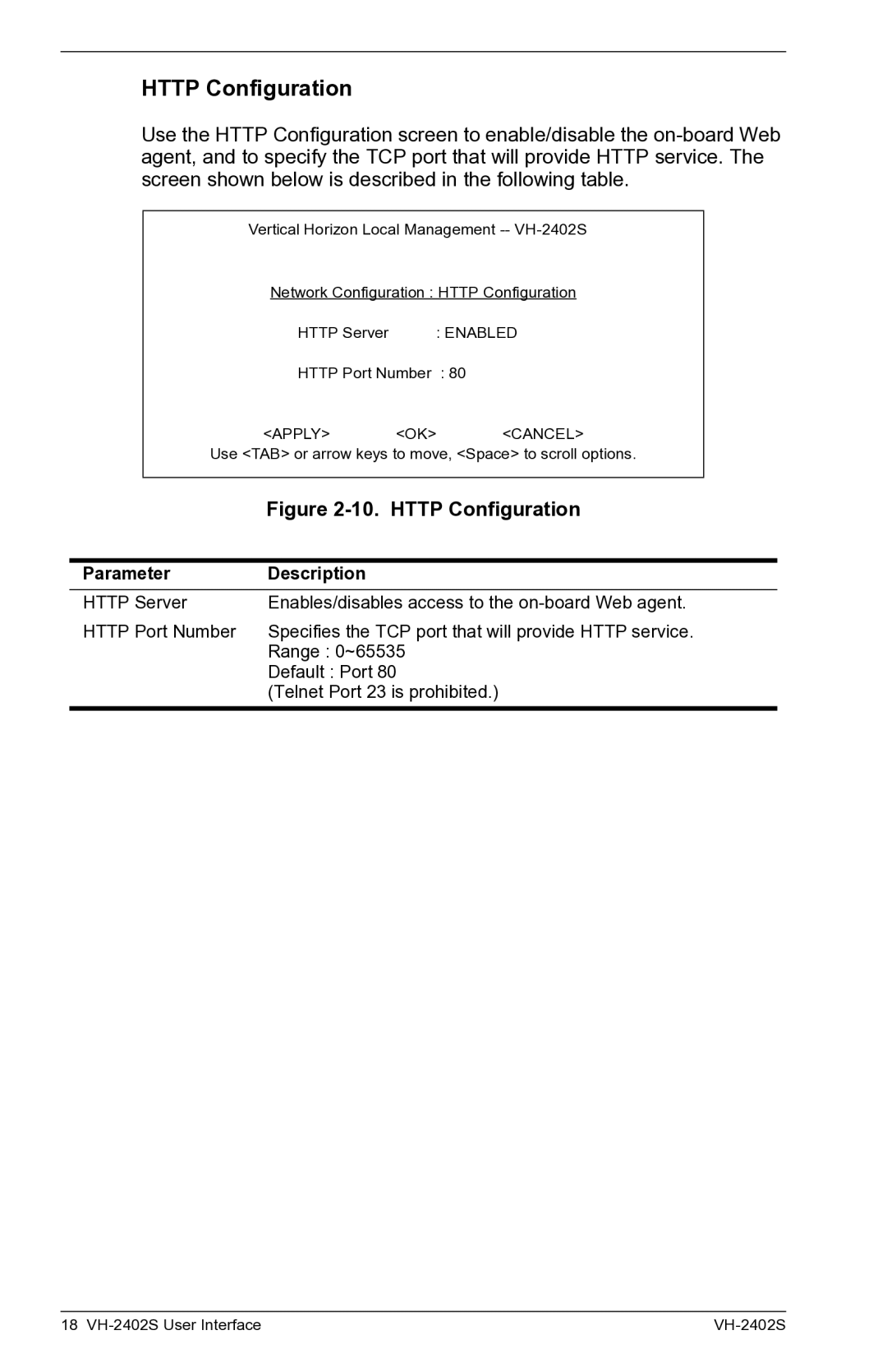 Enterasys Networks VH-2402S manual Http Configuration 