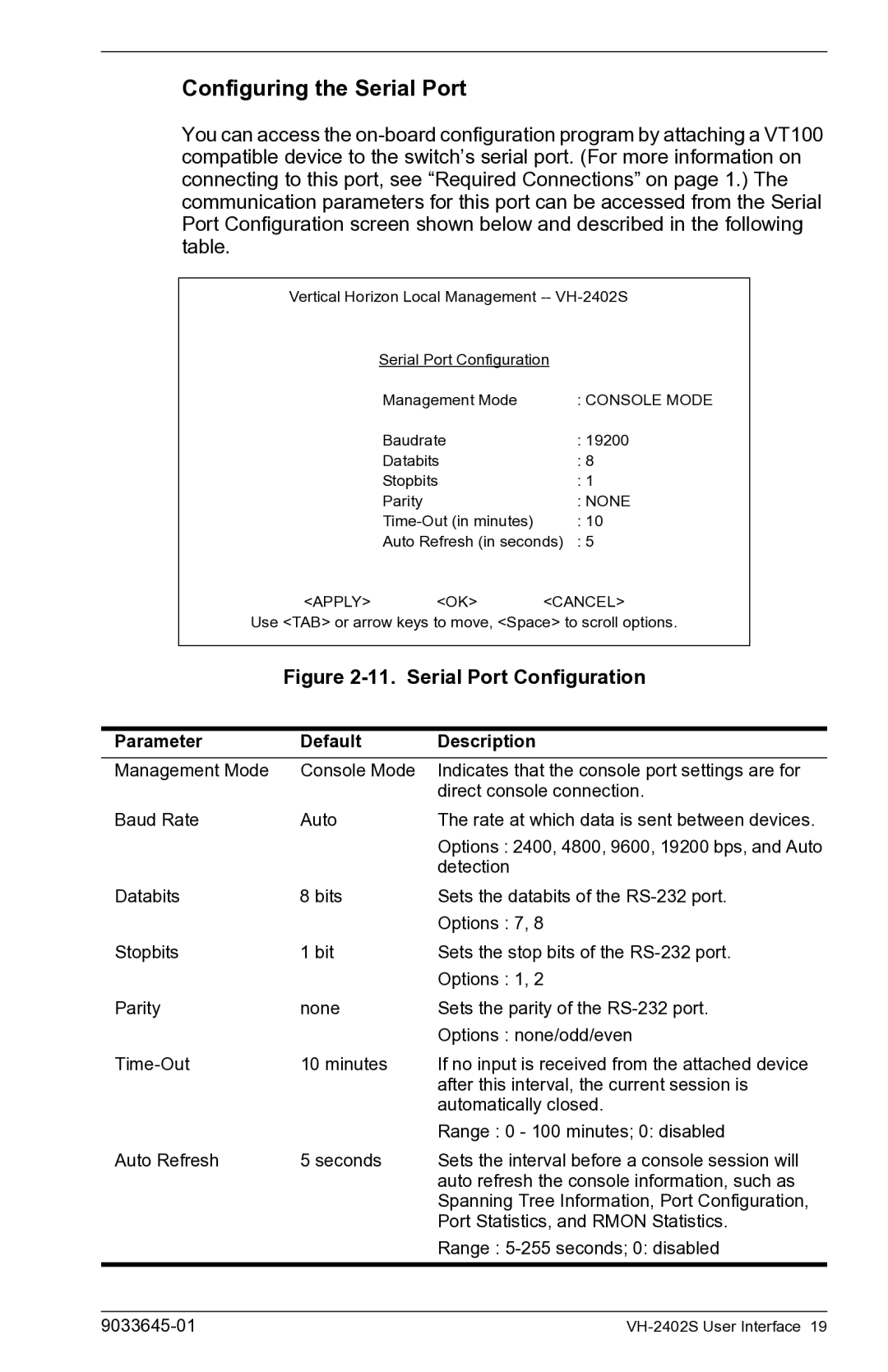 Enterasys Networks VH-2402S manual Configuring the Serial Port, Serial Port Configuration 