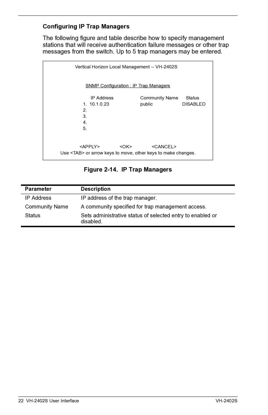 Enterasys Networks VH-2402S manual Configuring IP Trap Managers 