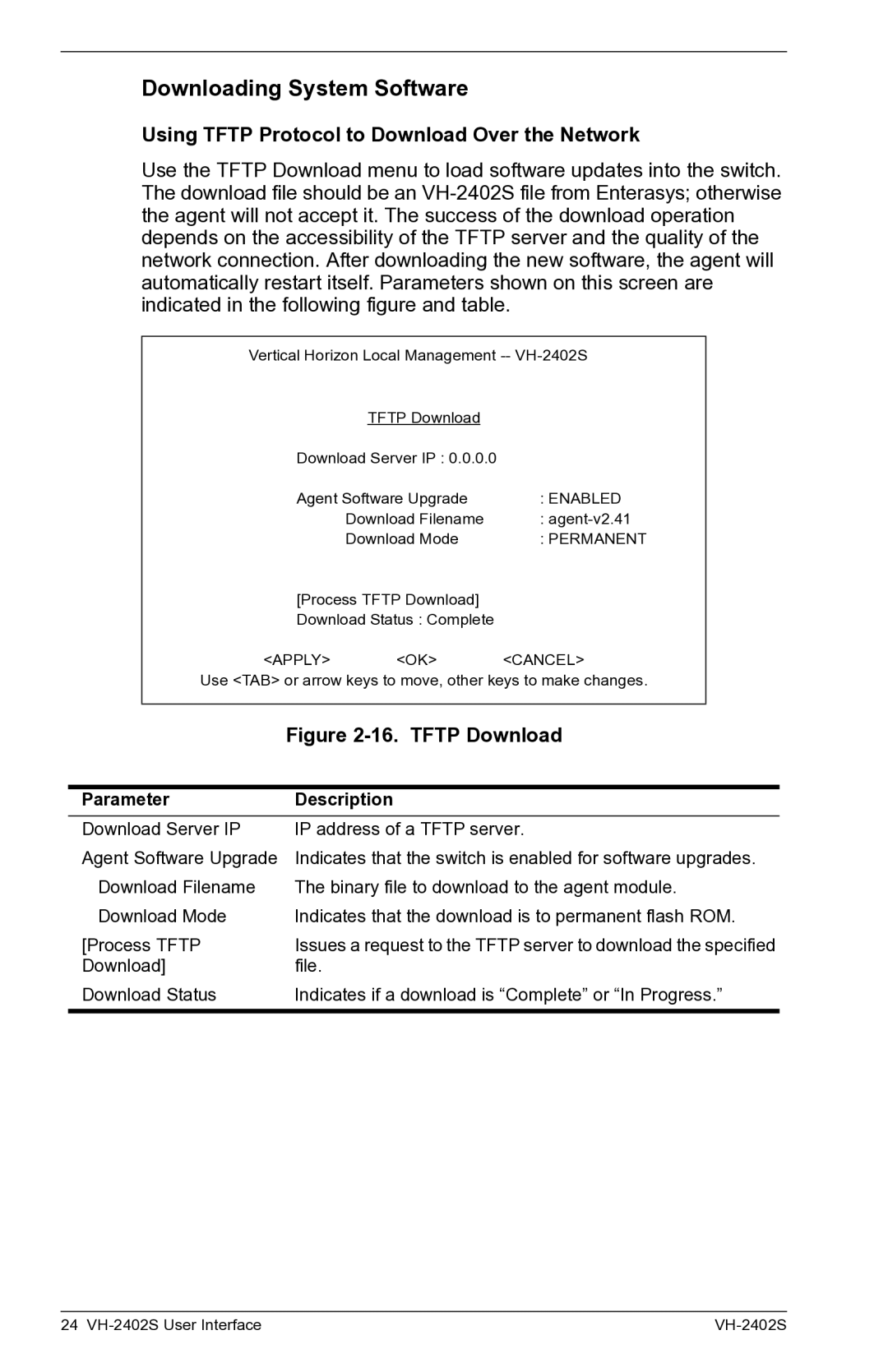 Enterasys Networks VH-2402S manual Downloading System Software, Using Tftp Protocol to Download Over the Network 