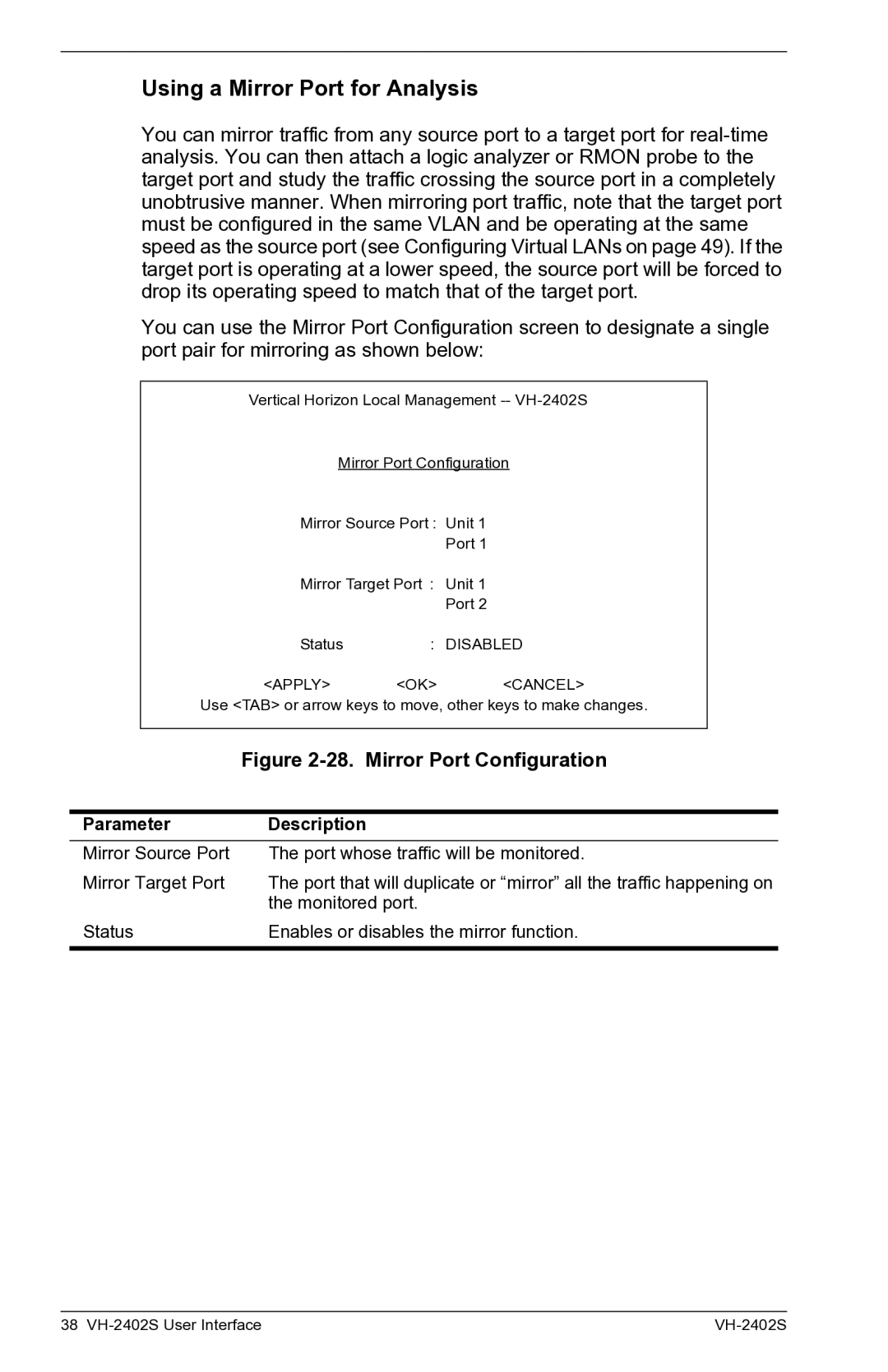 Enterasys Networks VH-2402S manual Using a Mirror Port for Analysis, Mirror Port Configuration 