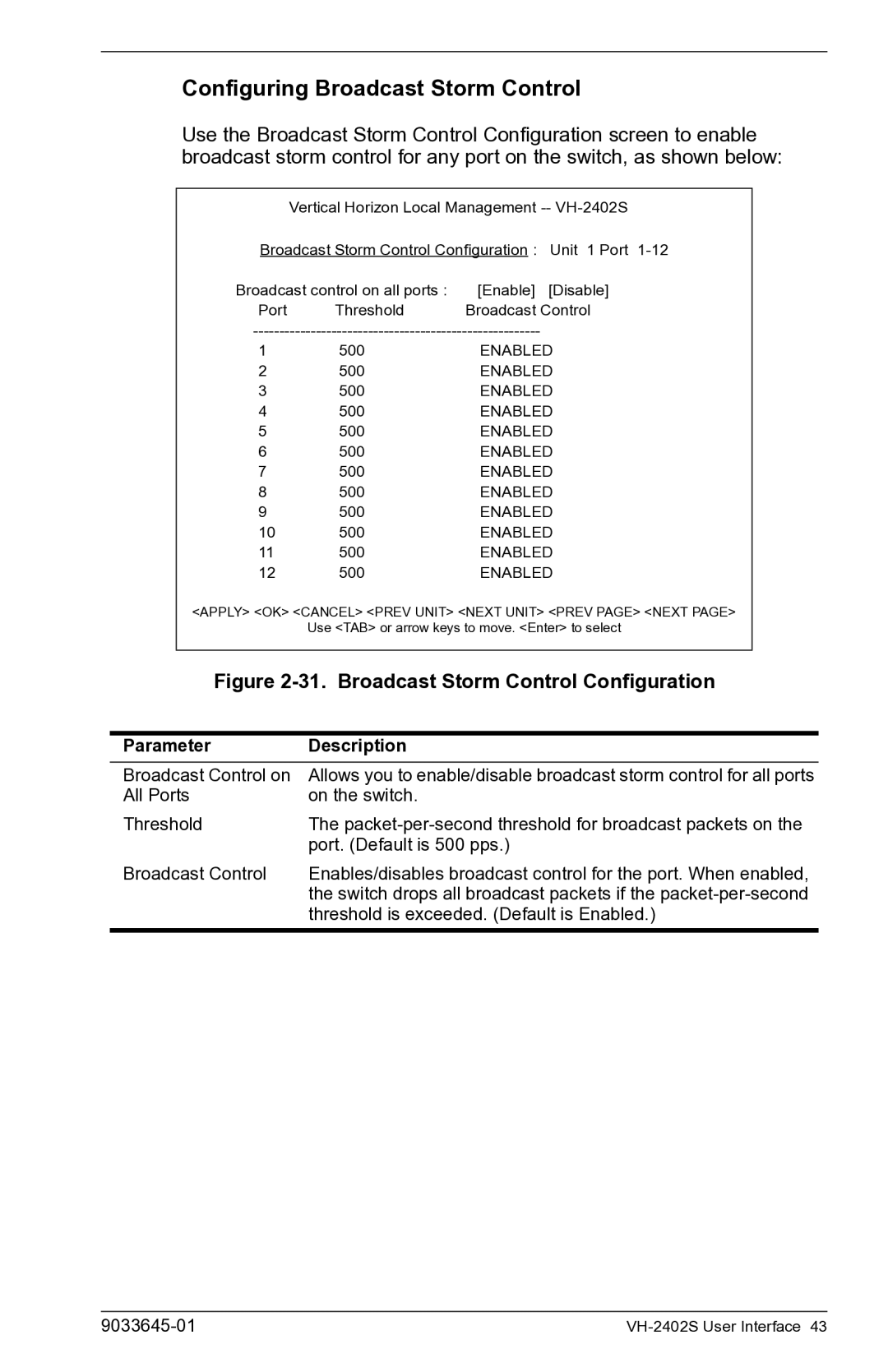 Enterasys Networks VH-2402S manual Configuring Broadcast Storm Control, Broadcast Storm Control Configuration 