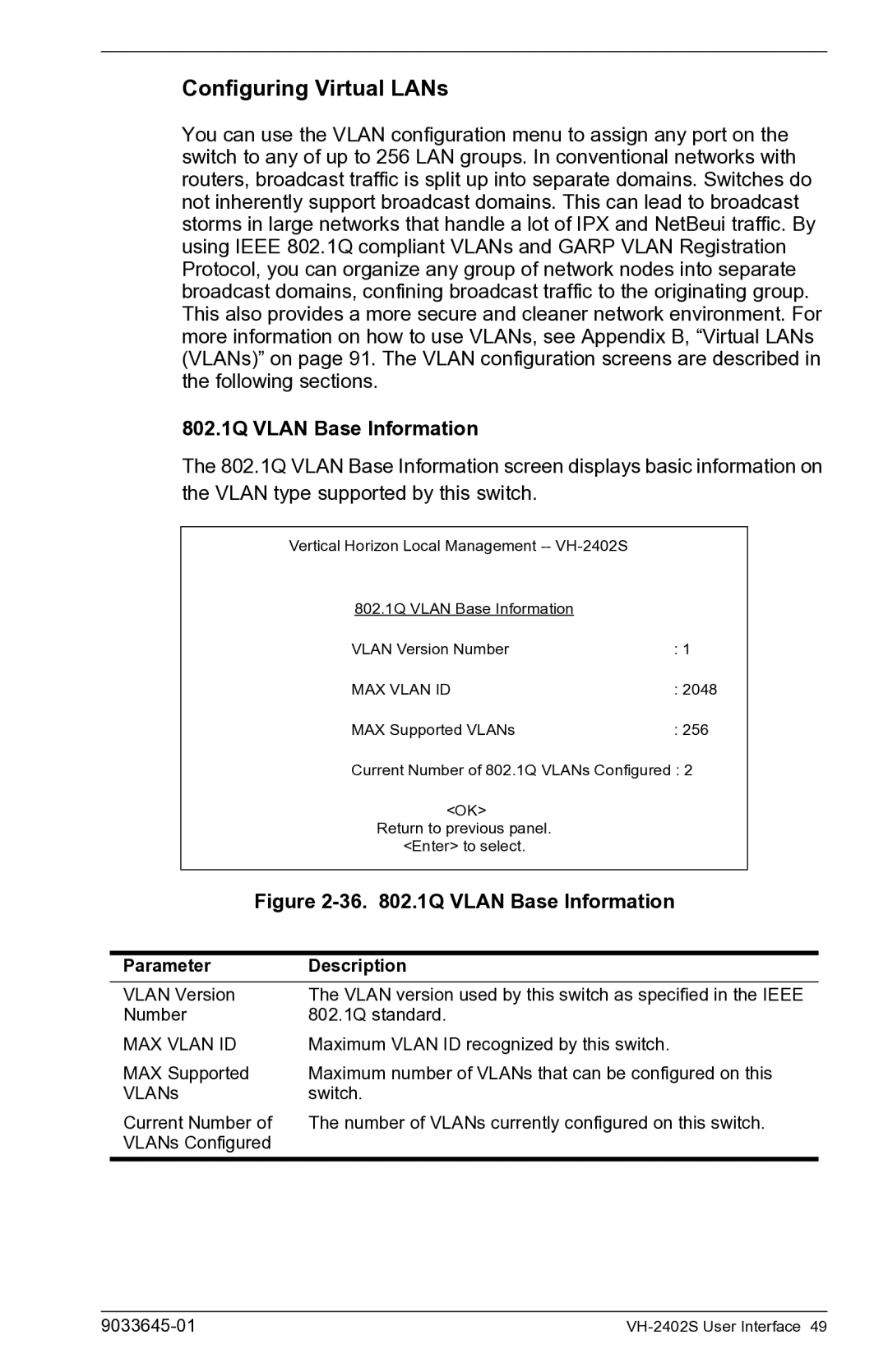 Enterasys Networks VH-2402S manual Configuring Virtual LANs, 802.1Q Vlan Base Information 