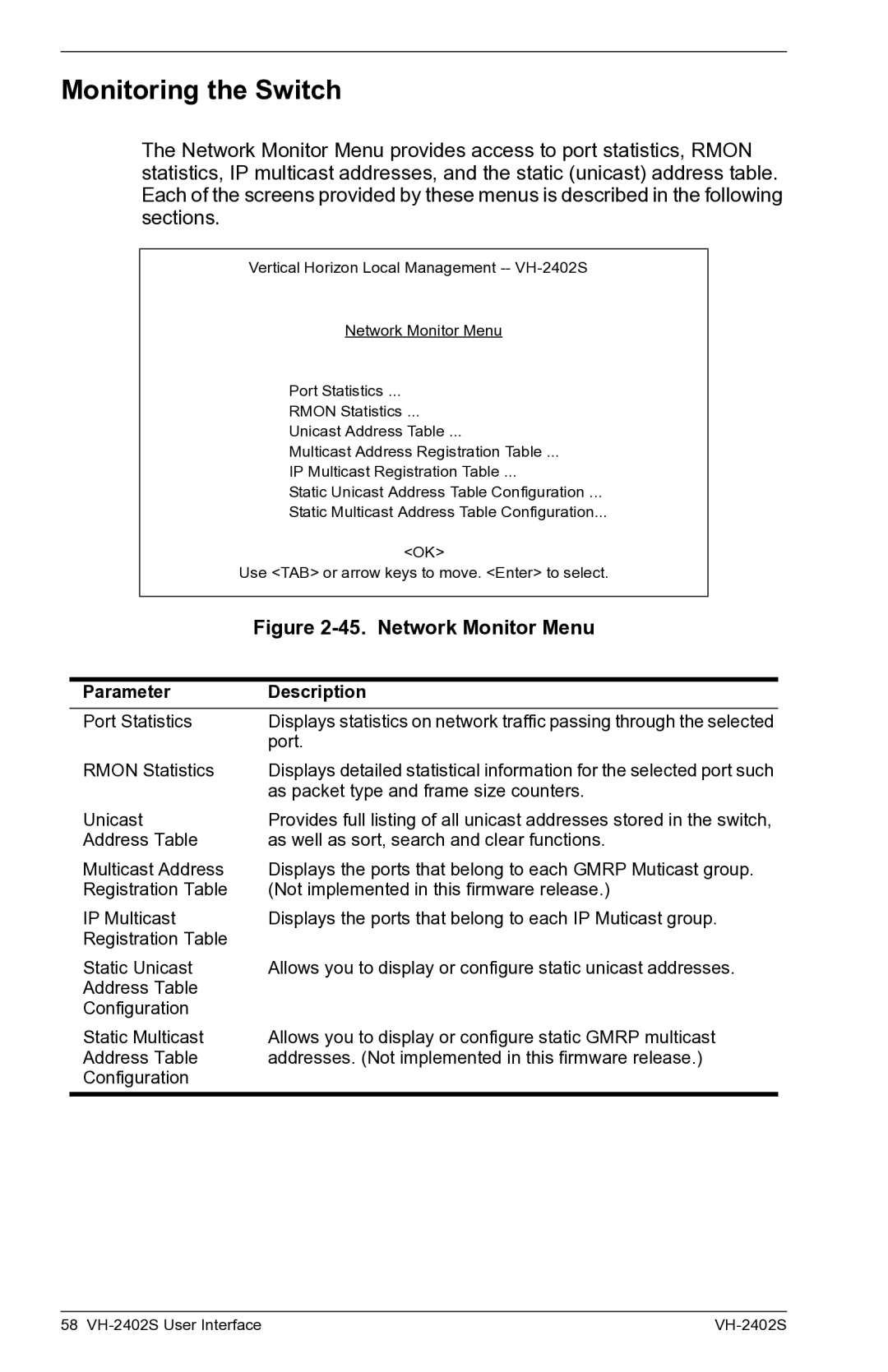 Enterasys Networks VH-2402S manual Monitoring the Switch, Network Monitor Menu 