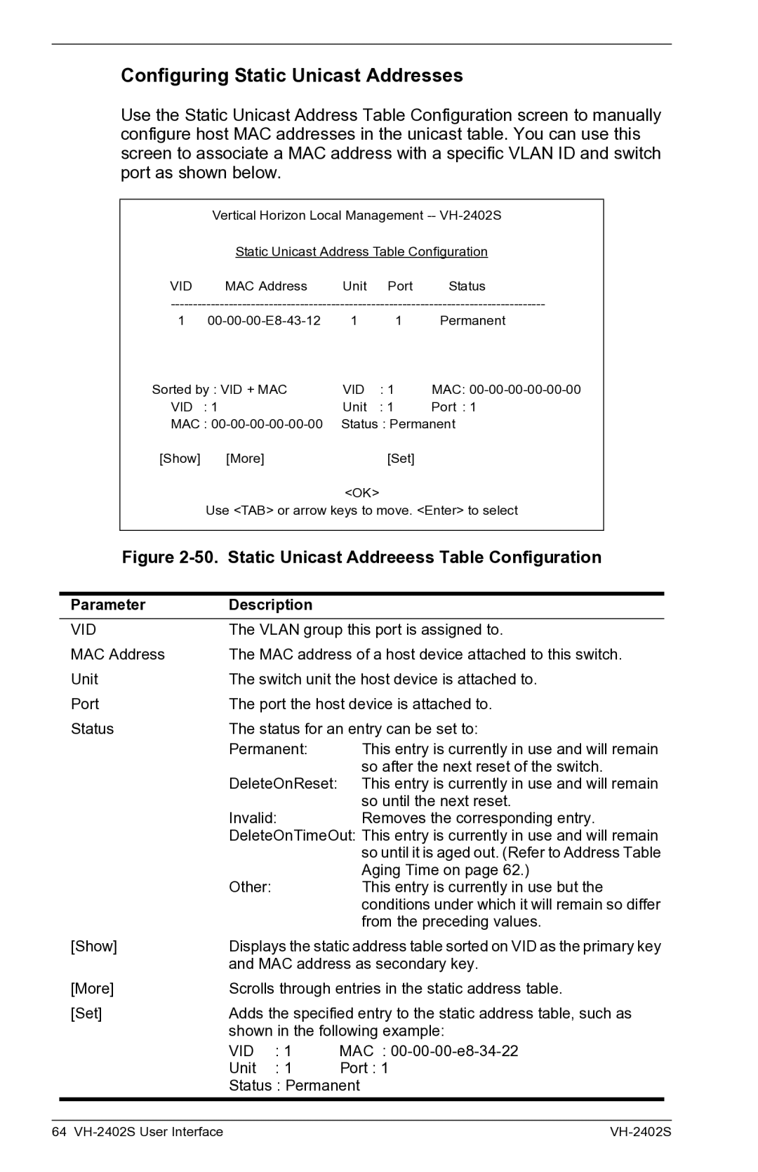 Enterasys Networks VH-2402S manual Configuring Static Unicast Addresses, Static Unicast Addreeess Table Configuration 