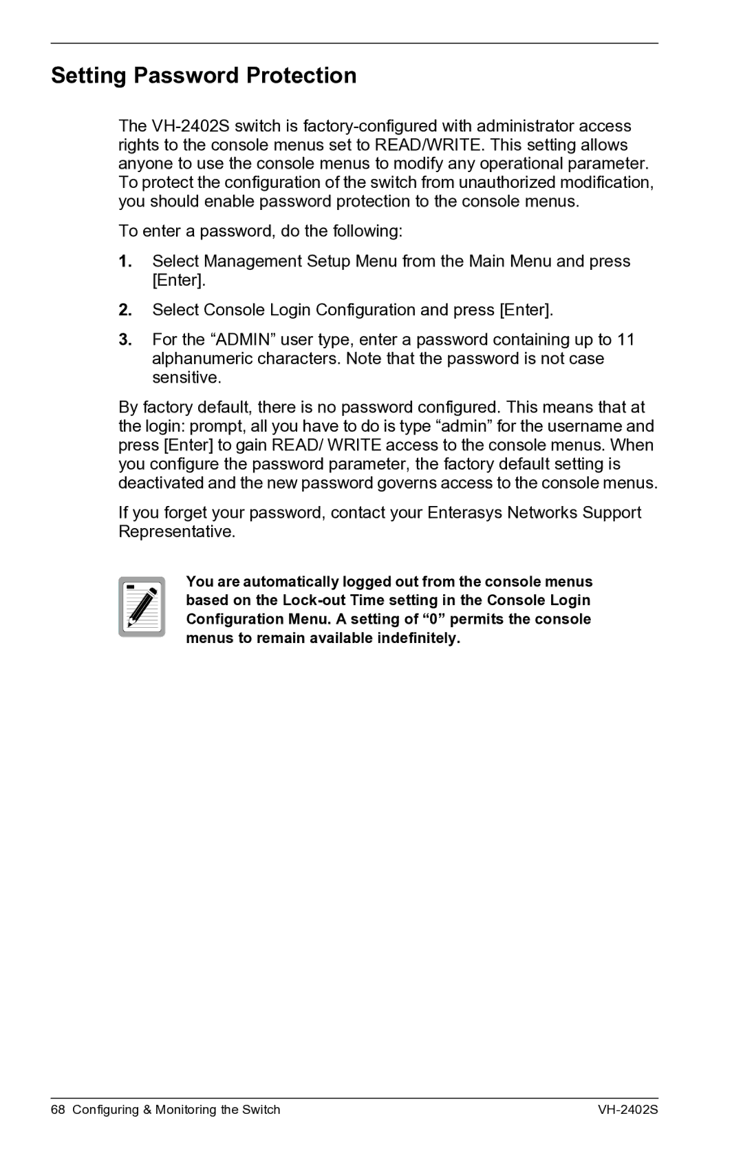 Enterasys Networks VH-2402S manual Setting Password Protection 