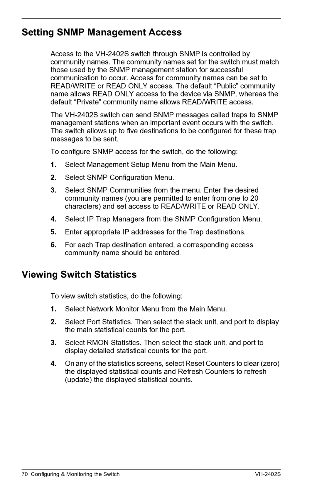 Enterasys Networks VH-2402S manual Setting Snmp Management Access, Viewing Switch Statistics 