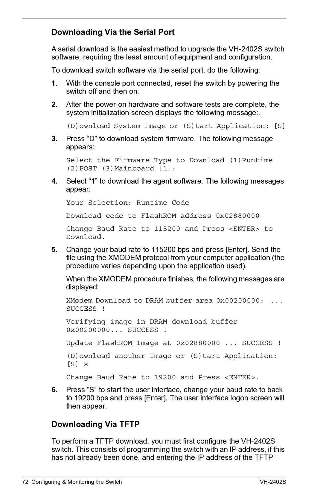 Enterasys Networks VH-2402S manual Downloading Via the Serial Port, Downloading Via Tftp 