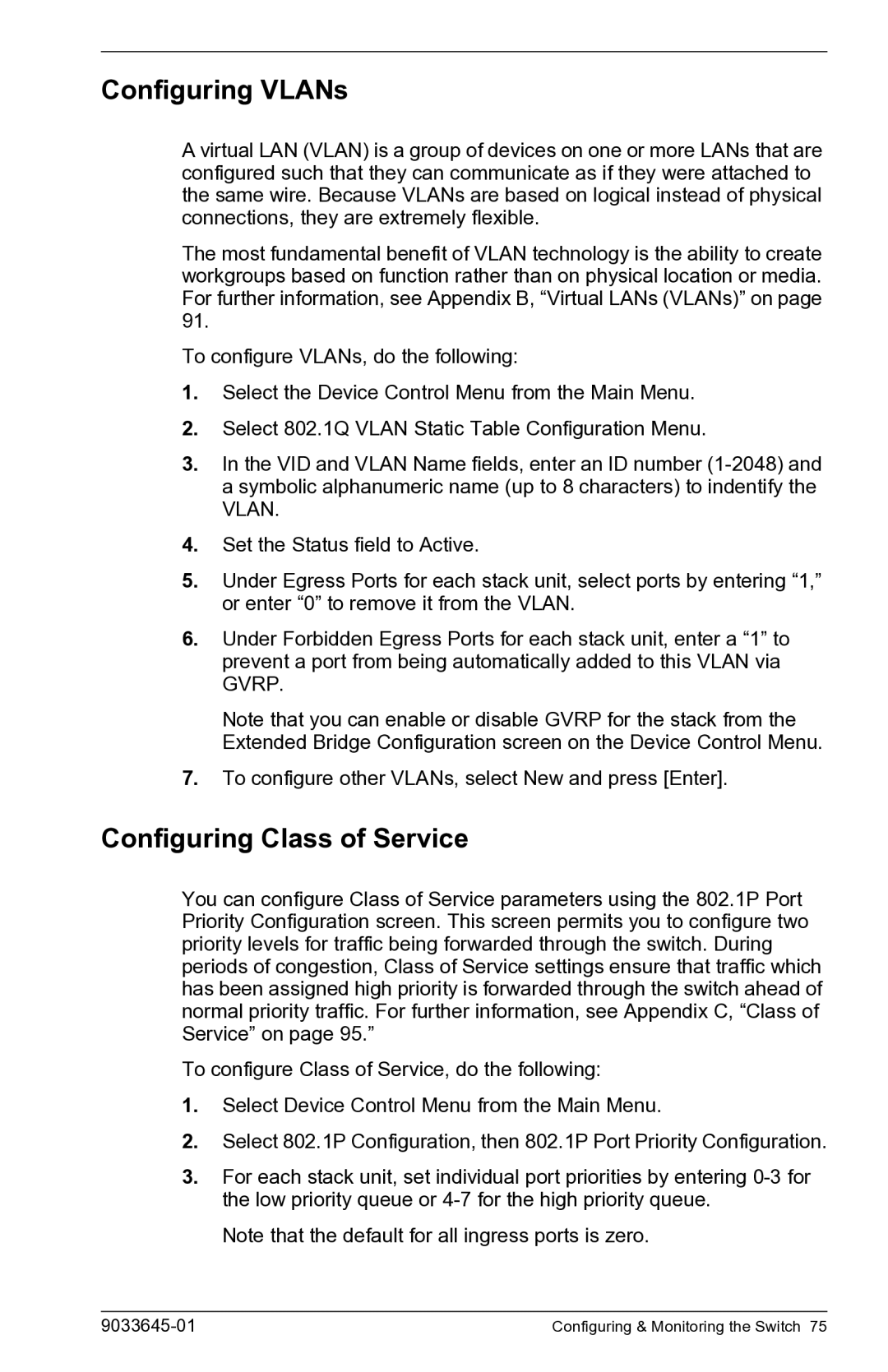 Enterasys Networks VH-2402S manual Configuring VLANs, Configuring Class of Service 