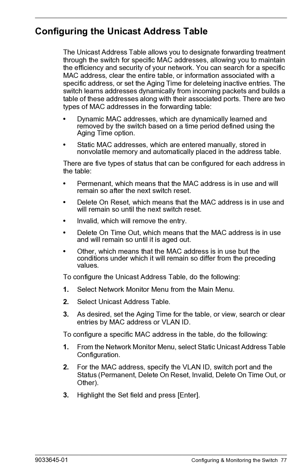 Enterasys Networks VH-2402S manual Configuring the Unicast Address Table 