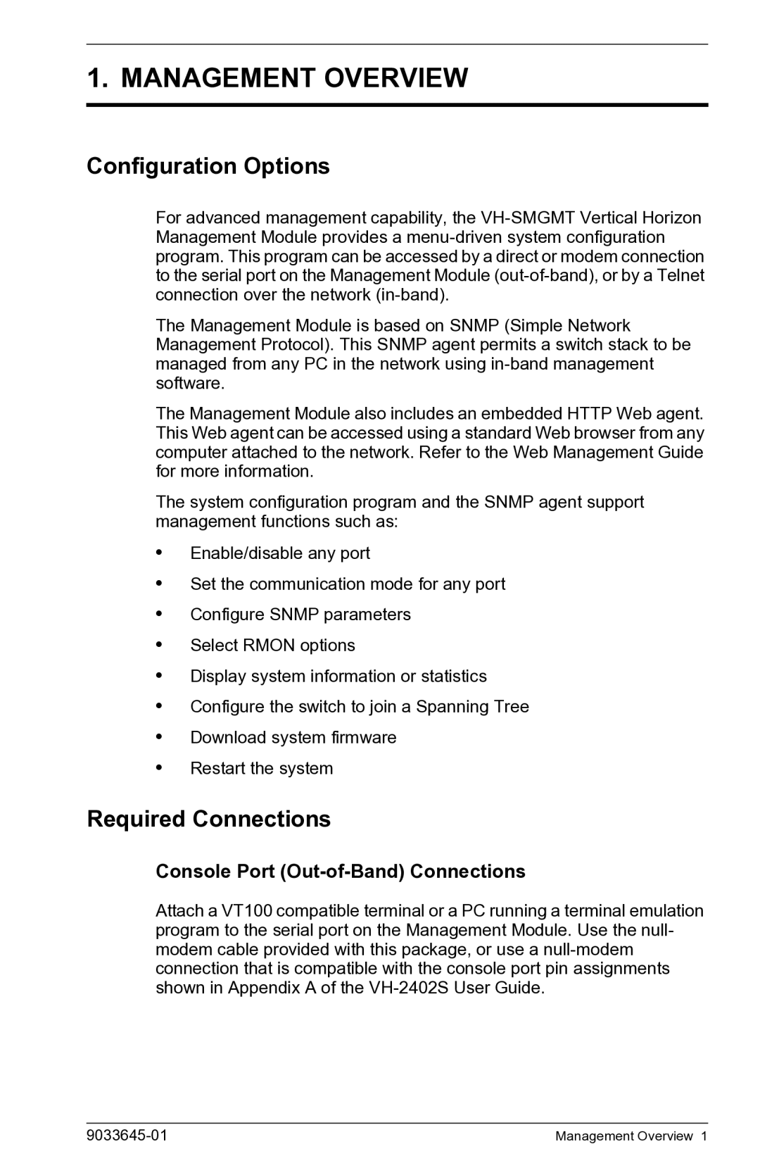 Enterasys Networks VH-2402S manual Management Overview, Configuration Options, Required Connections 