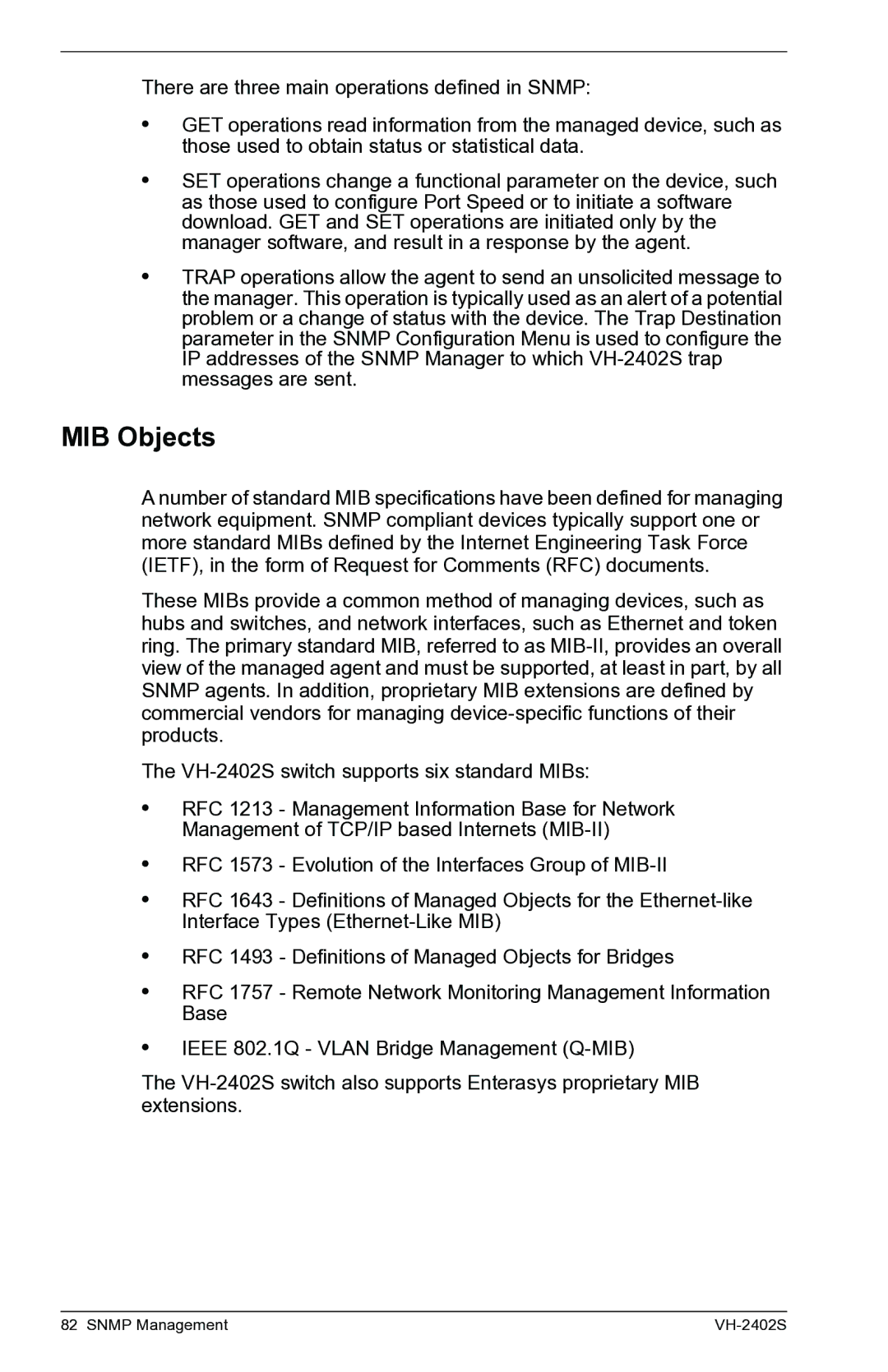 Enterasys Networks VH-2402S manual MIB Objects 