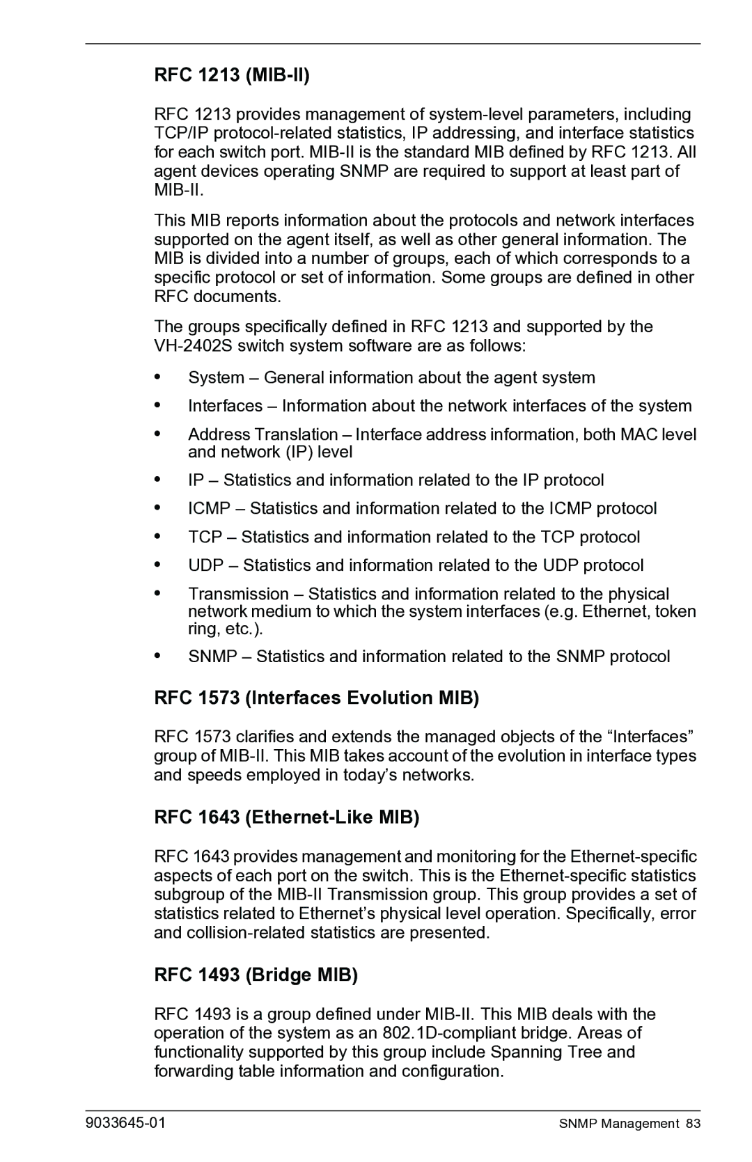 Enterasys Networks VH-2402S manual RFC 1213 MIB-II, RFC 1573 Interfaces Evolution MIB, RFC 1643 Ethernet-Like MIB 