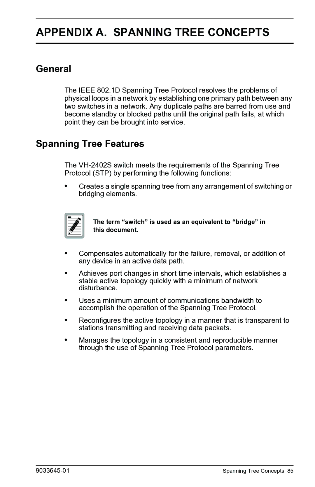 Enterasys Networks VH-2402S manual Appendix A. Spanning Tree Concepts, General, Spanning Tree Features 