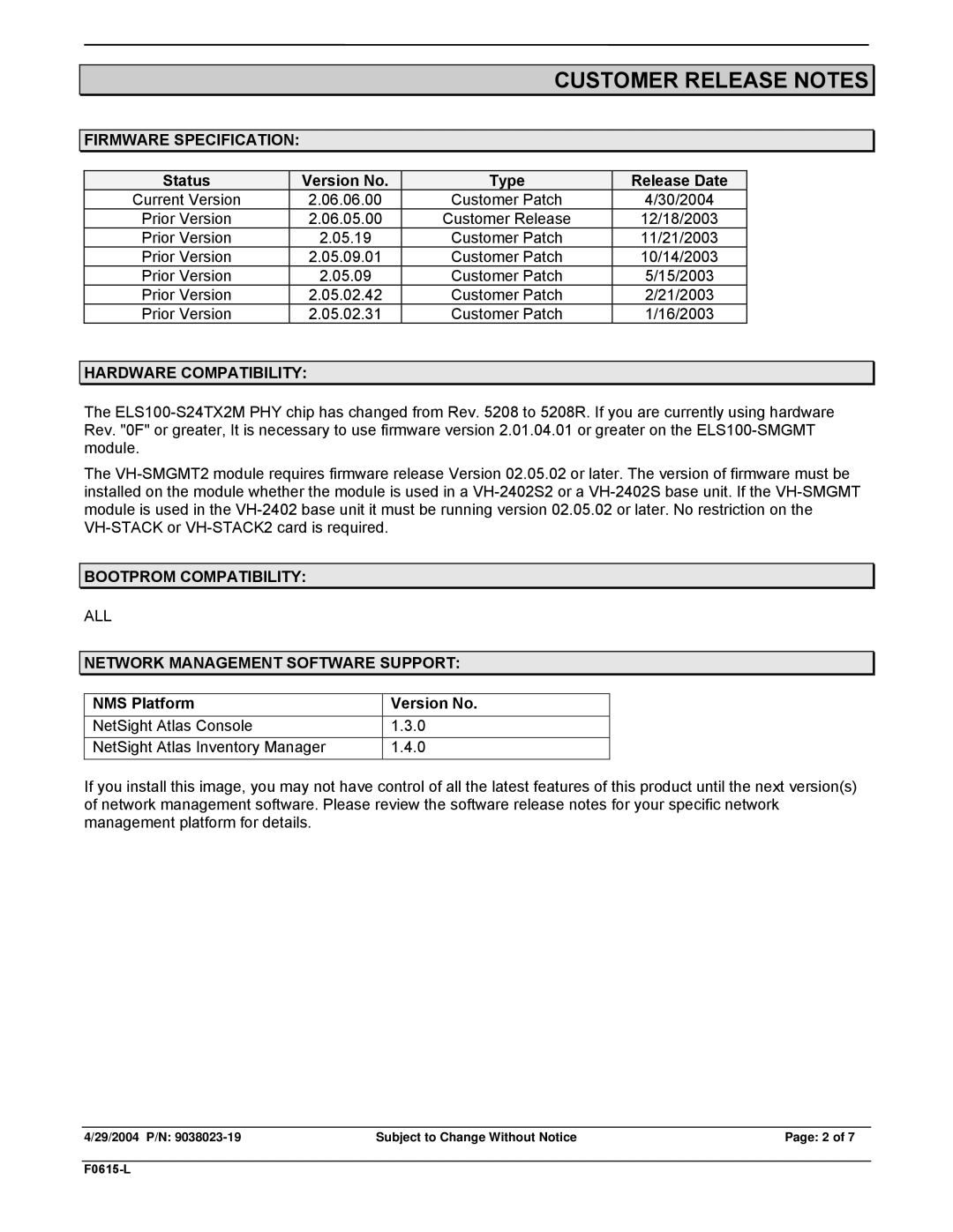 Enterasys Networks VH-2402S2 manual Firmware Specification, Hardware Compatibility, Bootprom Compatibility 