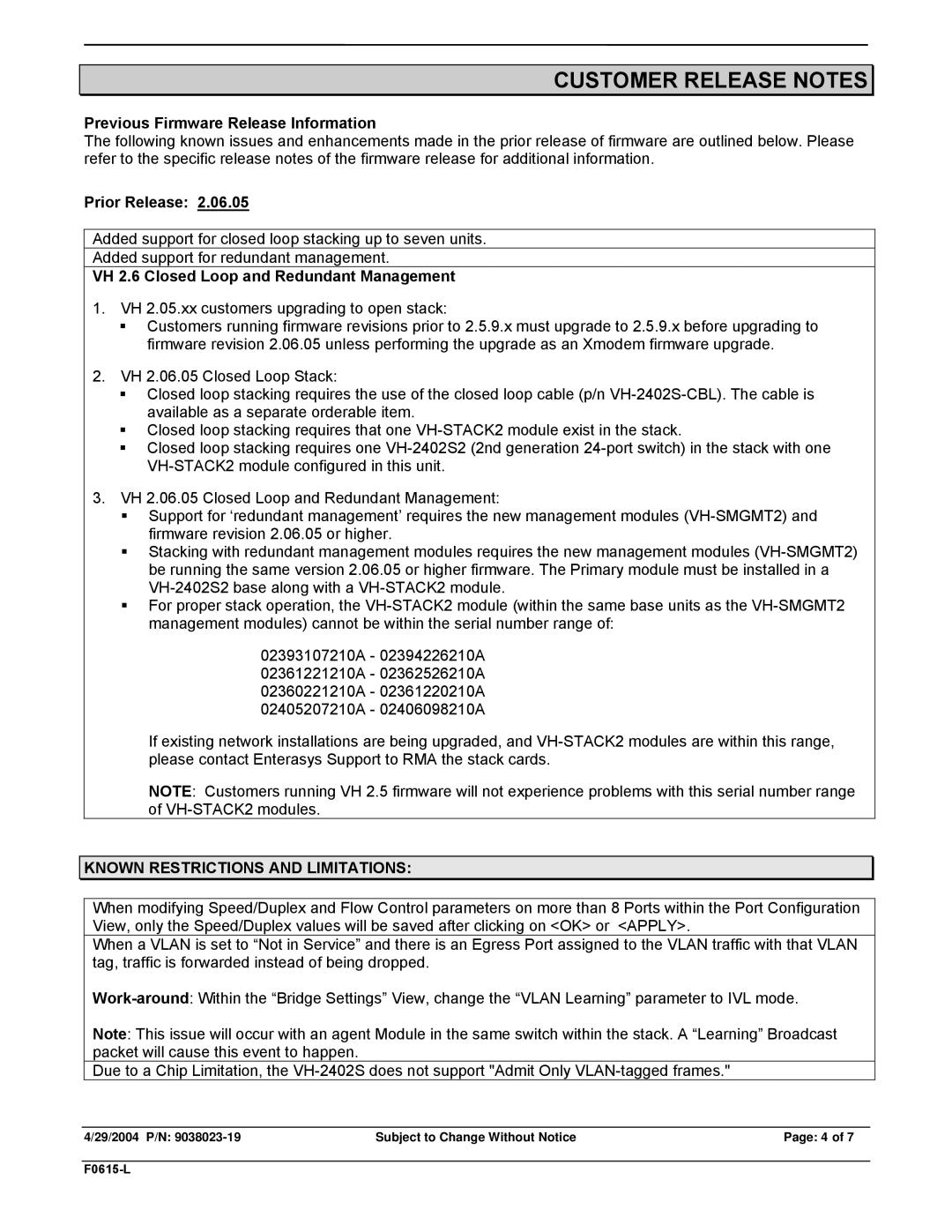 Enterasys Networks VH-2402S2 Previous Firmware Release Information, Prior Release, Known Restrictions and Limitations 