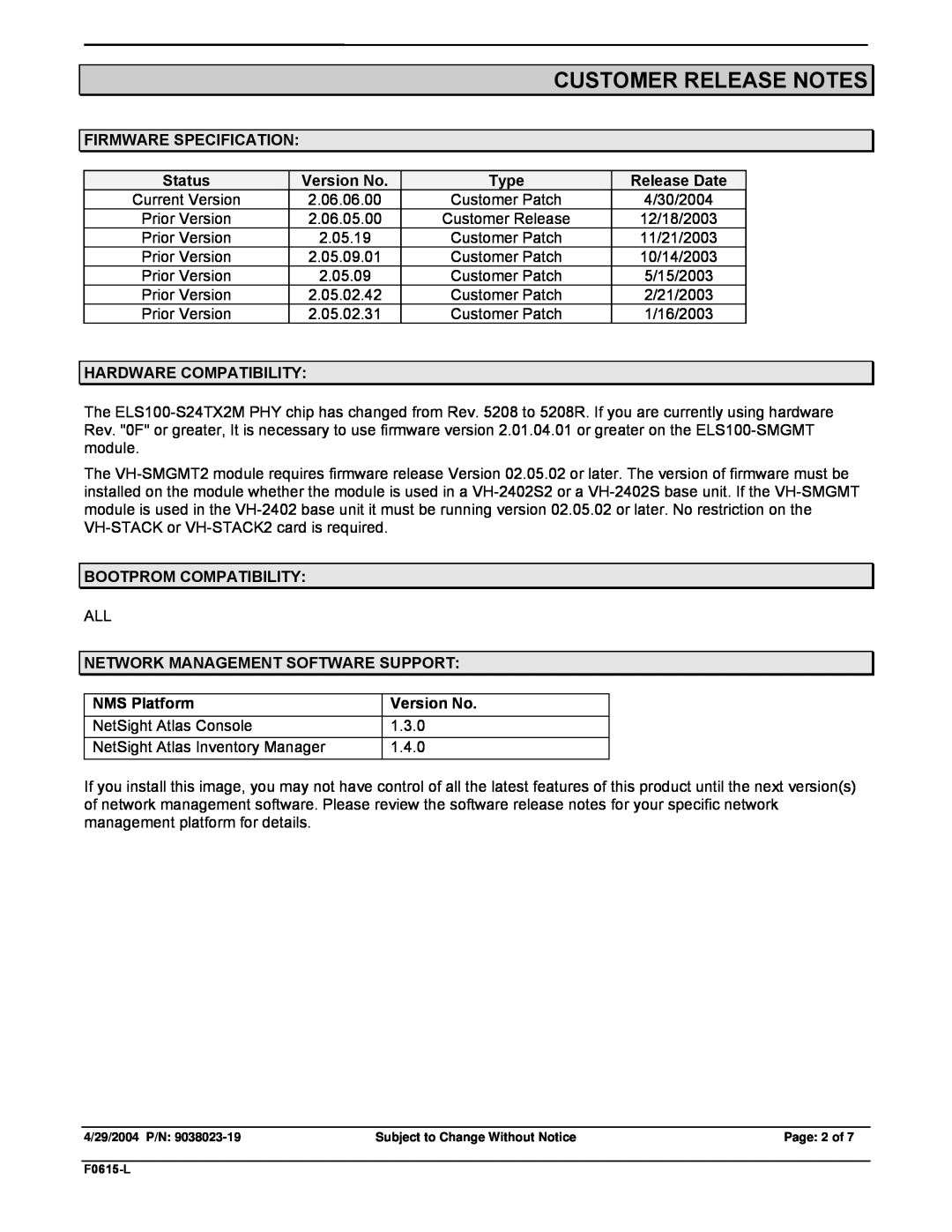 Enterasys Networks VH-2402S2 manual Customer Release Notes, Page 2 of 