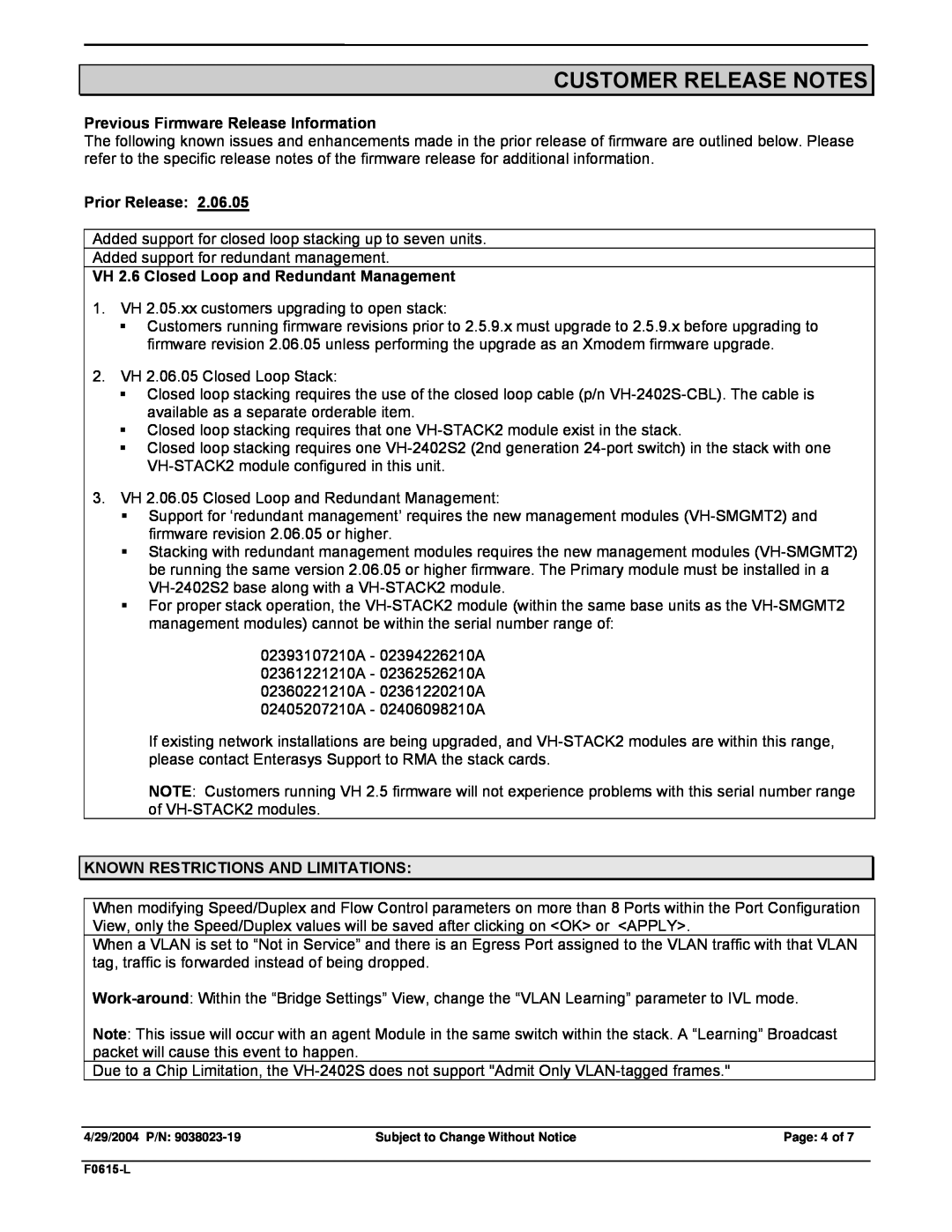 Enterasys Networks VH-2402S2 manual Customer Release Notes, Previous Firmware Release Information, Prior Release 