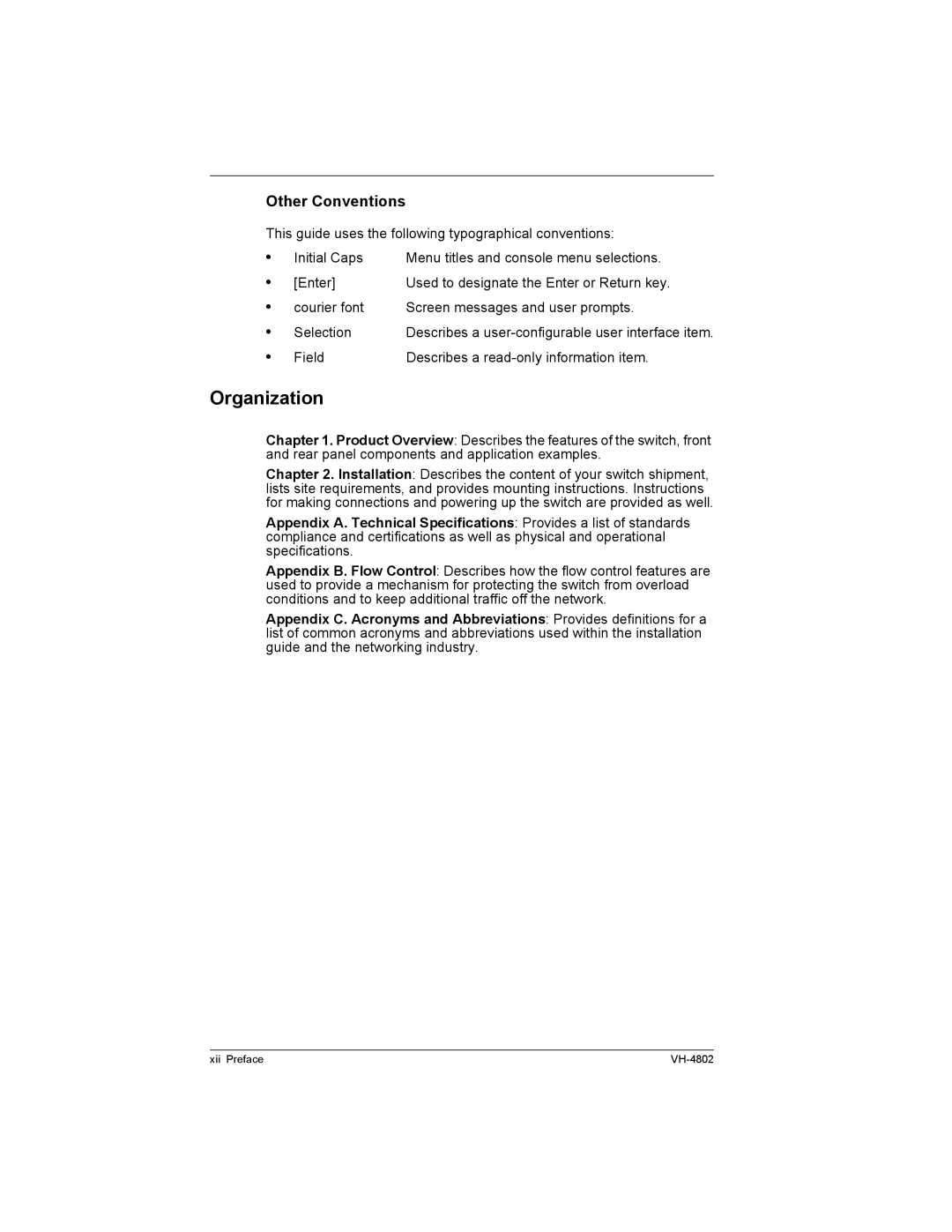 Enterasys Networks VH-4802 manual Organization, Other Conventions 