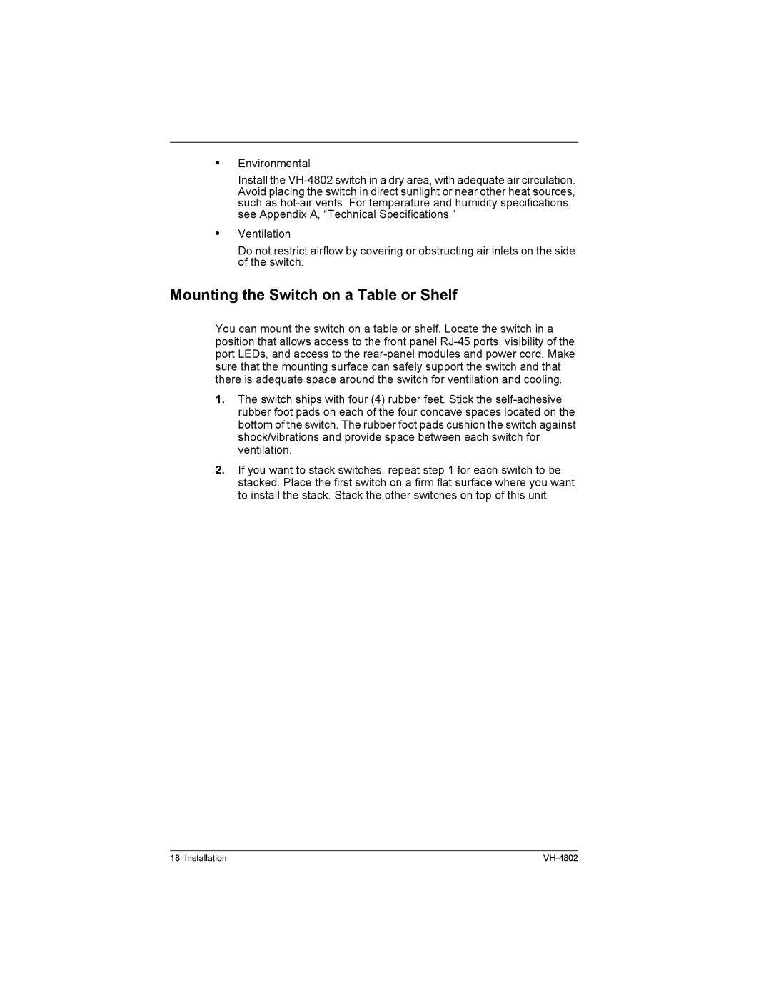 Enterasys Networks VH-4802 manual Mounting the Switch on a Table or Shelf 