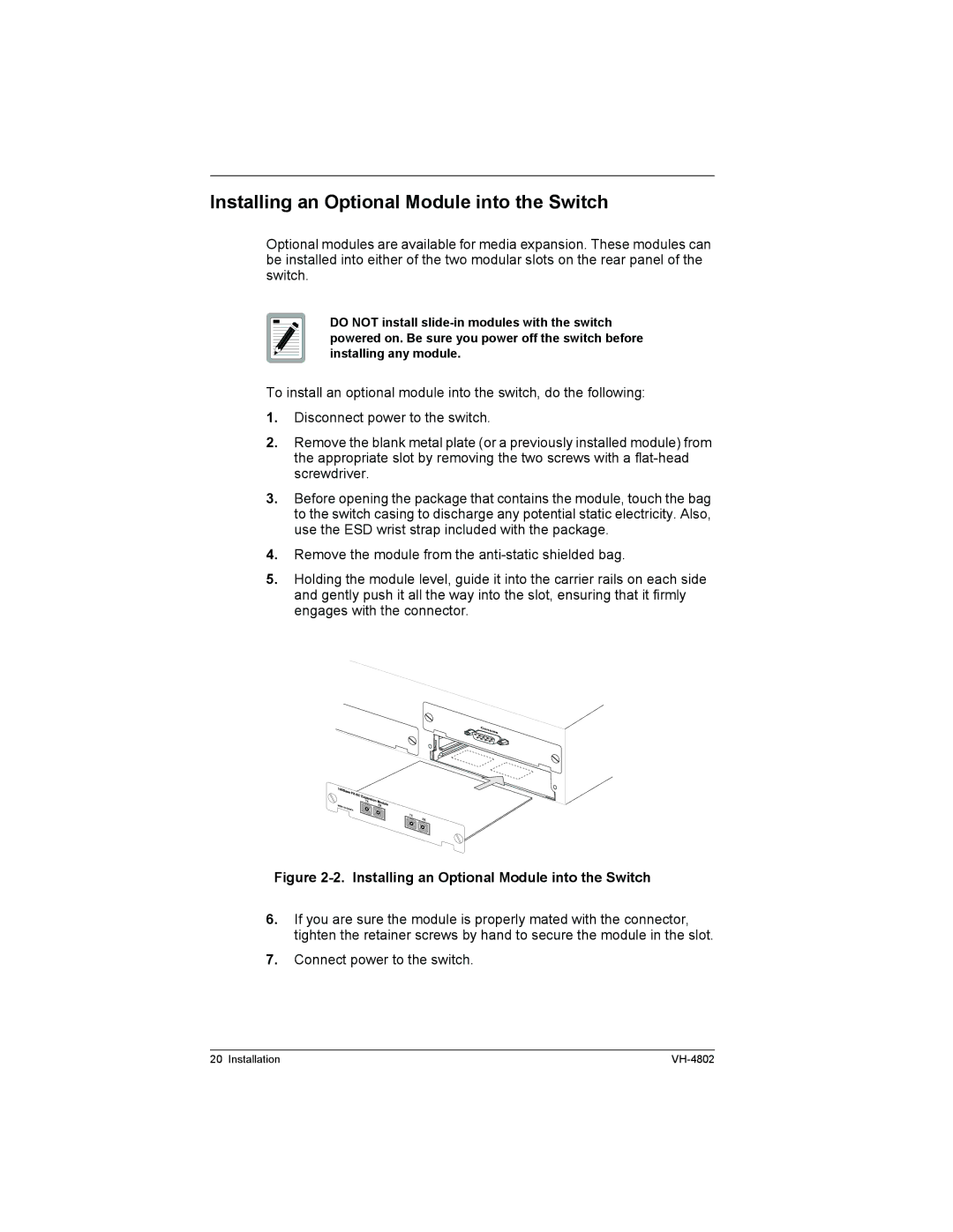 Enterasys Networks VH-4802 manual Installing an Optional Module into the Switch 