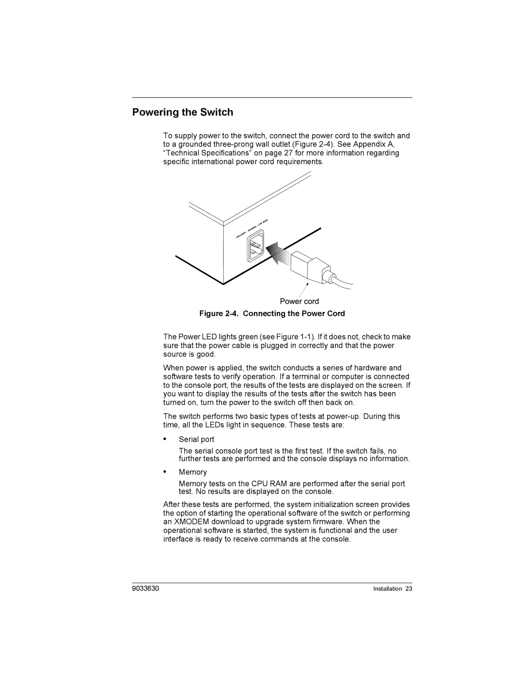 Enterasys Networks VH-4802 manual Powering the Switch, Connecting the Power Cord 