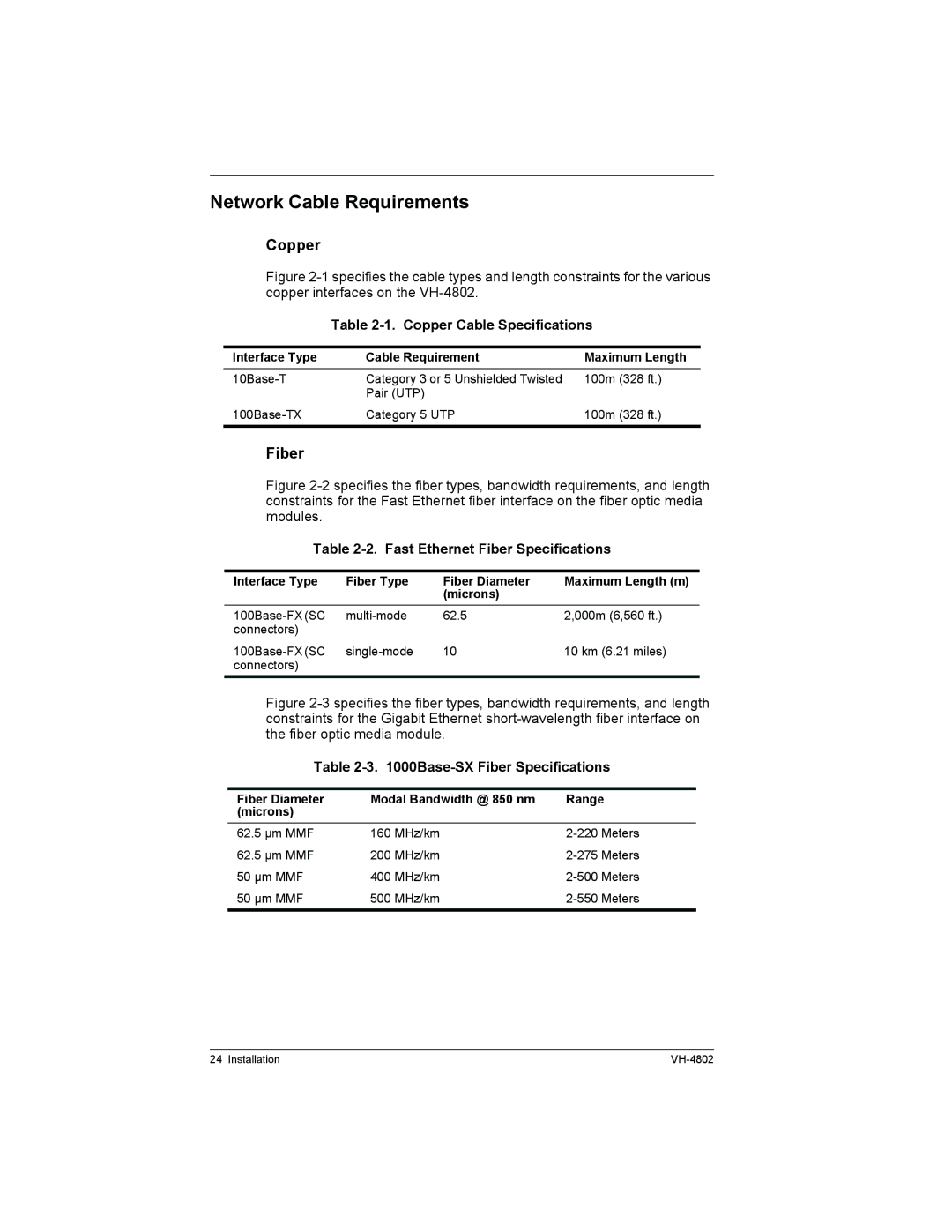 Enterasys Networks VH-4802 manual Network Cable Requirements, Copper, Fiber 