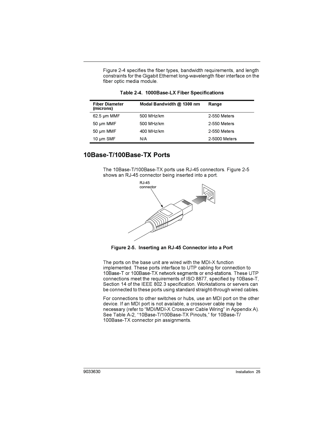 Enterasys Networks VH-4802 manual 10Base-T/100Base-TX Ports, Base-LX Fiber Specifications 