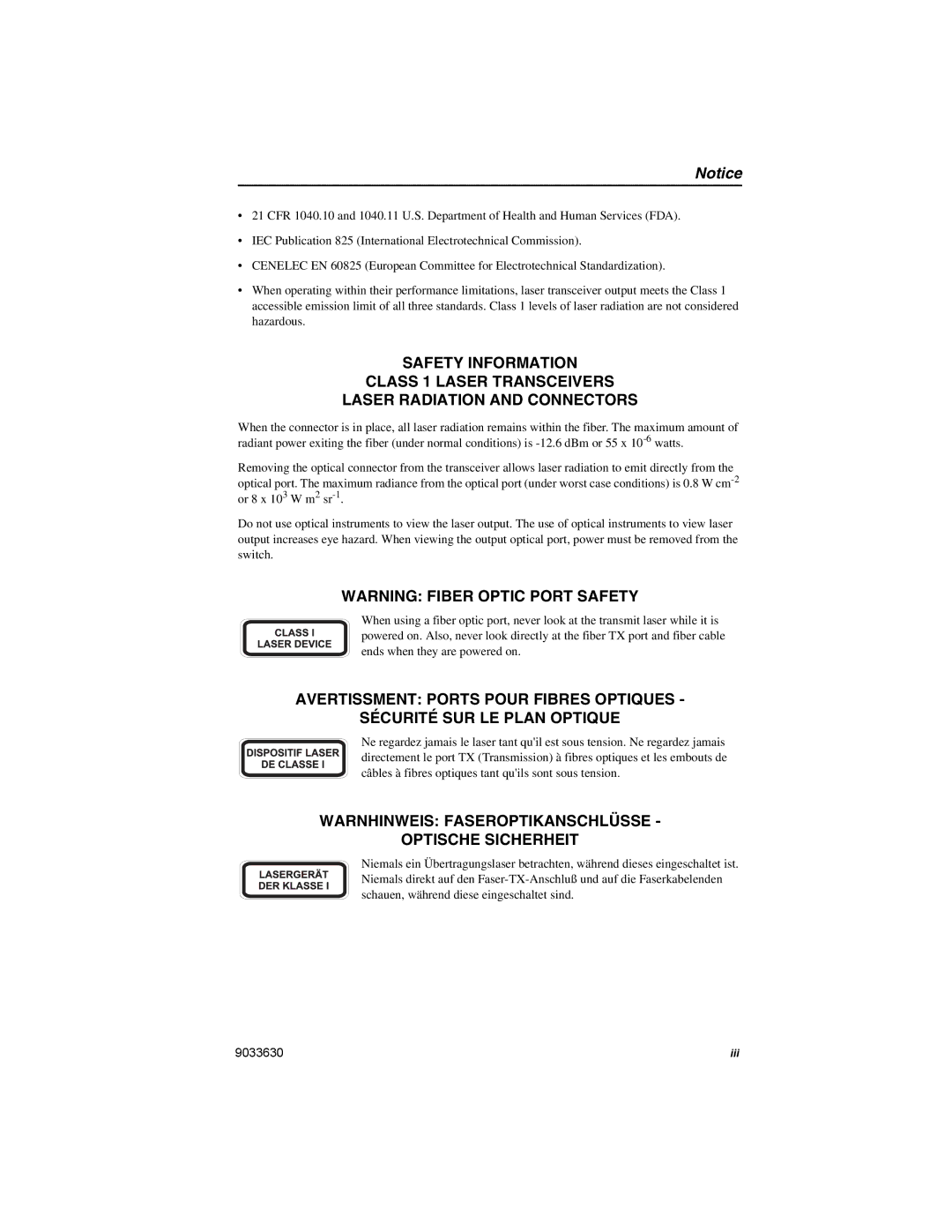 Enterasys Networks VH-4802 manual Warnhinweis Faseroptikanschlüsse Optische Sicherheit 