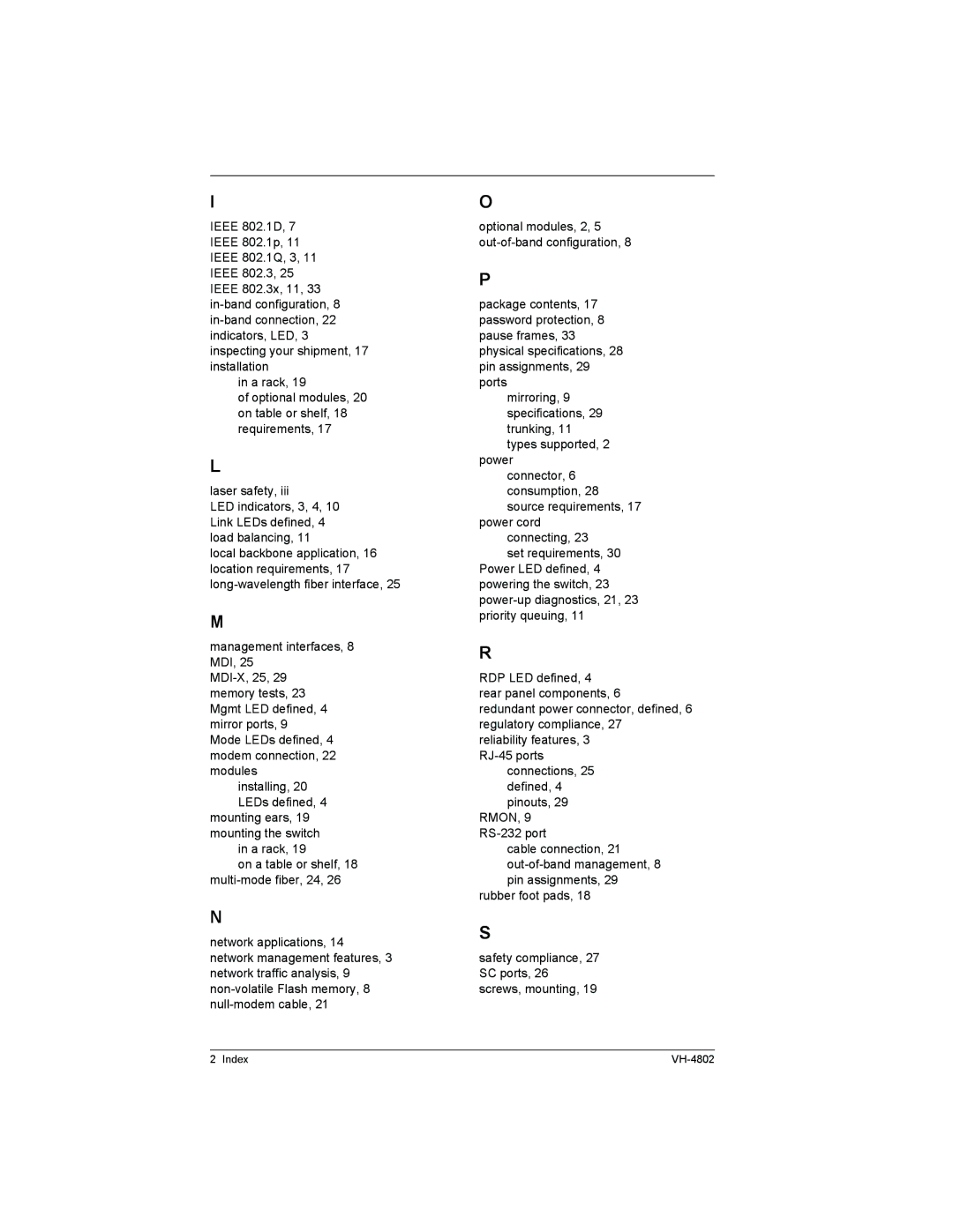 Enterasys Networks manual Index VH-4802 