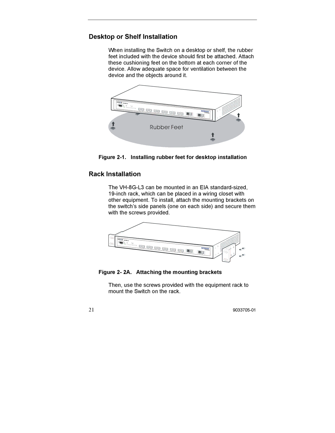 Enterasys Networks VH-8G-L3 manual Desktop or Shelf Installation, Rack Installation 