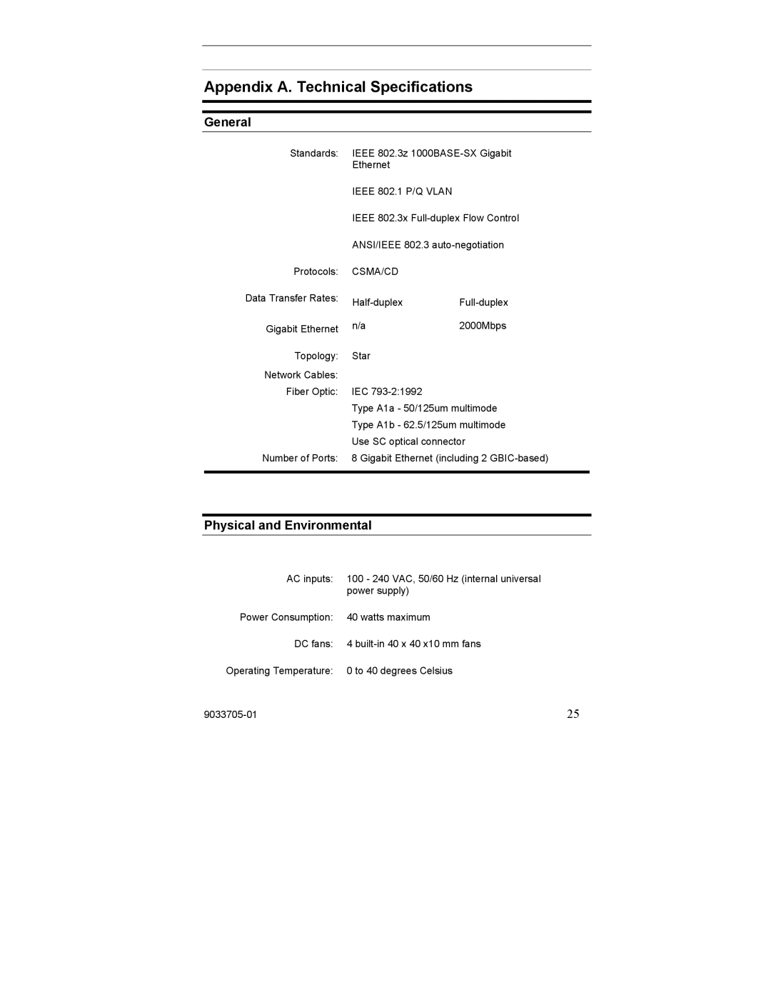 Enterasys Networks VH-8G-L3 manual Appendix A. Technical Specifications, General, Physical and Environmental 