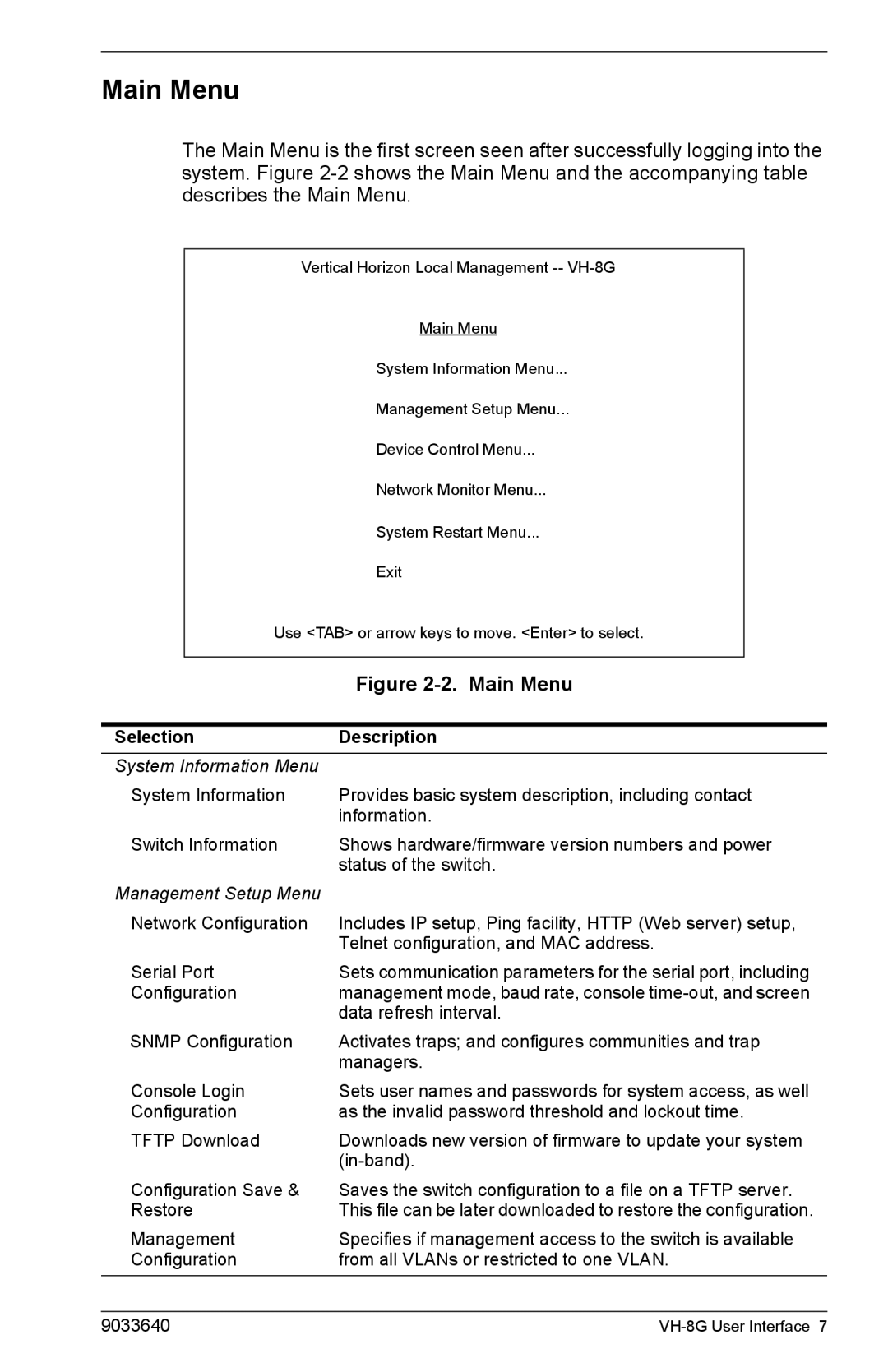 Enterasys Networks VH-8G manual Main Menu, Selection Description 