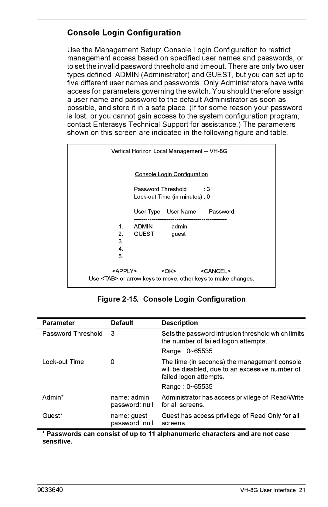 Enterasys Networks VH-8G manual Console Login Configuration 