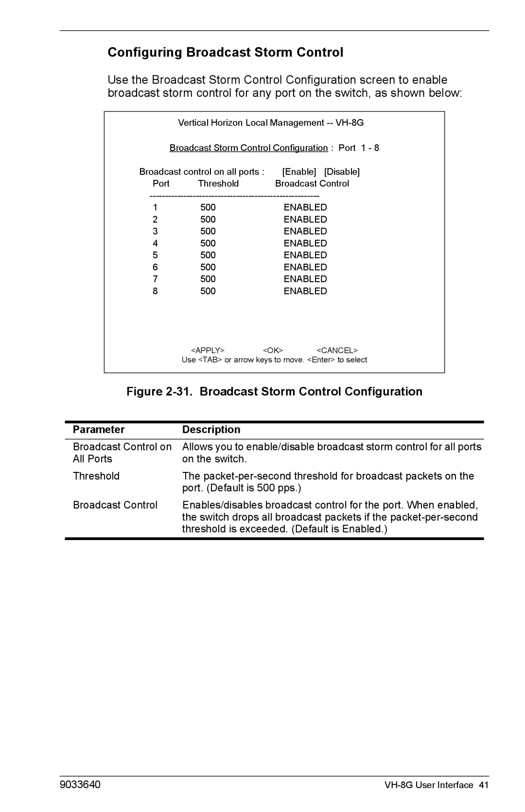 Enterasys Networks VH-8G manual Configuring Broadcast Storm Control, Broadcast Storm Control Configuration 