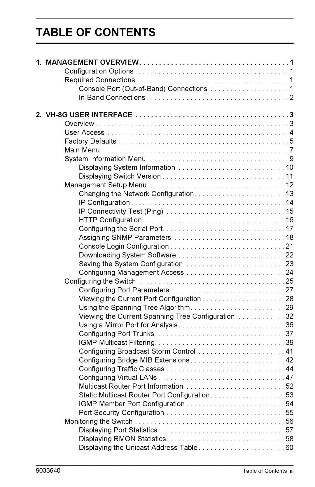 Enterasys Networks VH-8G manual Table of Contents 